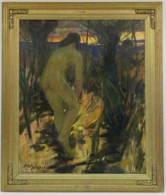 RUSSIAN SCHOOL interesting original oil painting Cyrillic FEMALE NUDE SUNSET