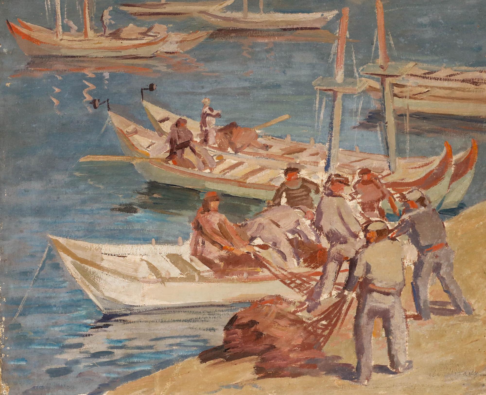 Russian School Mid 20th Century Oil - The Morning Catch - Painting by Unknown