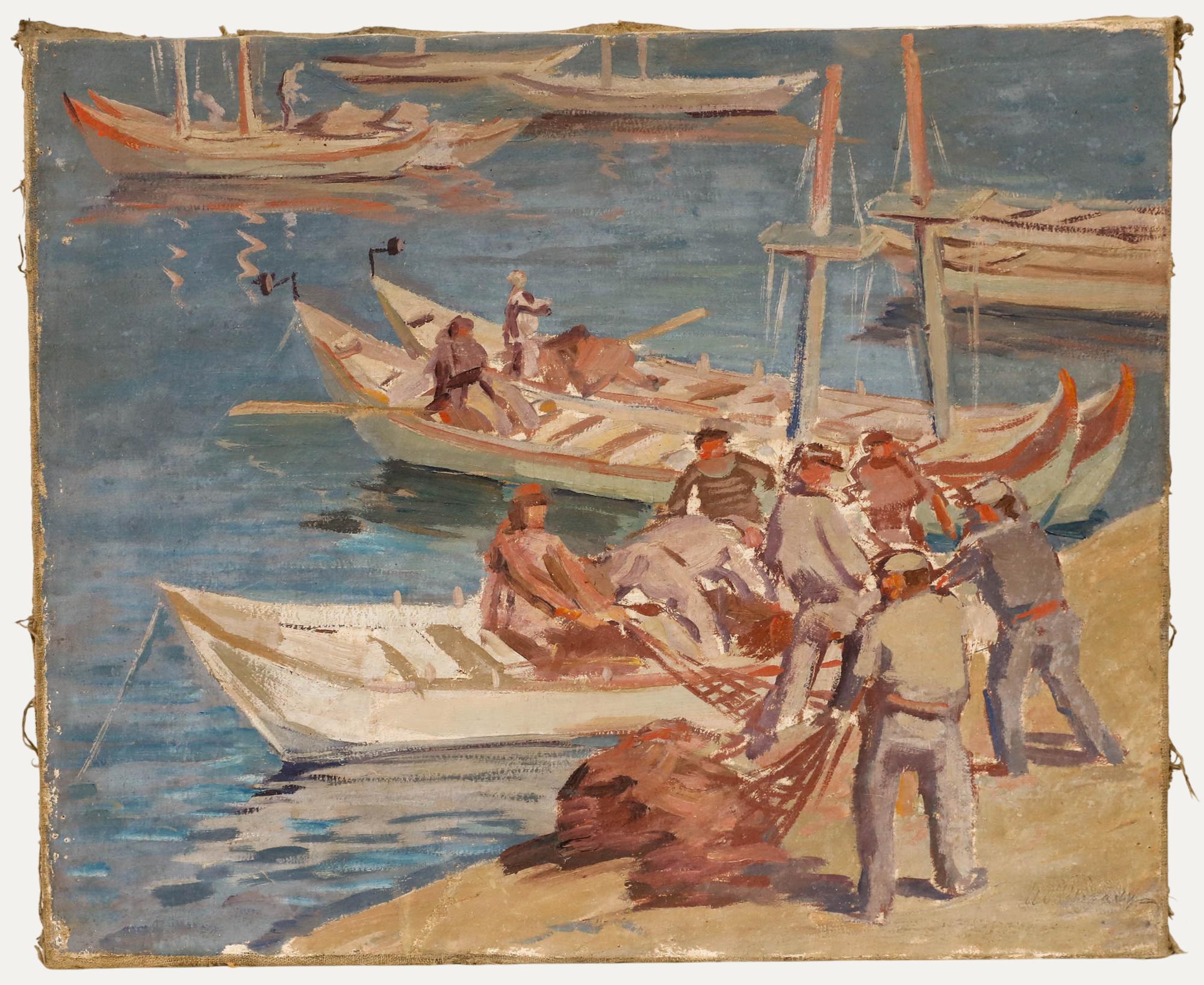 Unknown Figurative Painting - Russian School Mid 20th Century Oil - The Morning Catch