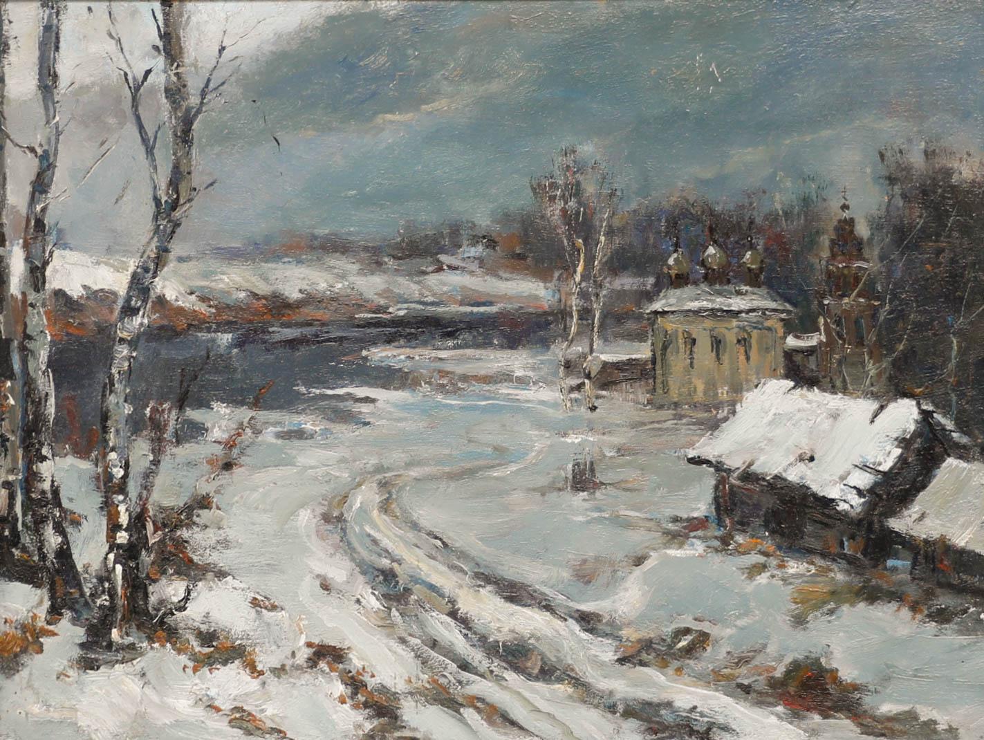 Russian School Mid 20th Century Oil - Winter Landscape with Dwellings & a Church - Painting by Unknown