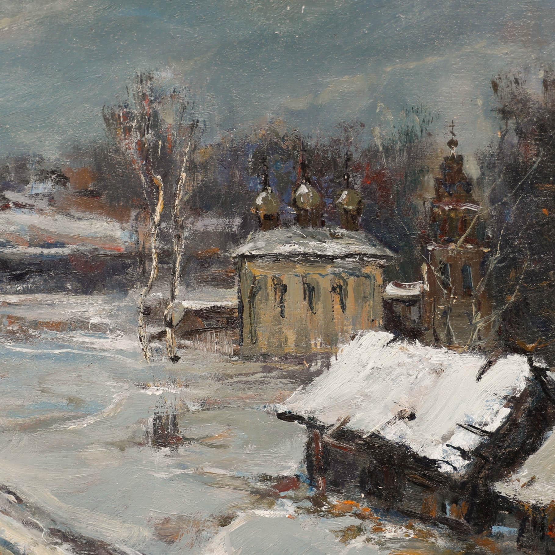 A dramatic winter landscape with church buildings and timber dwellings dusted in white snow. Presented in a large wooden frame with gilt window. Unsigned. With Russian authentication stamp verso. On board.