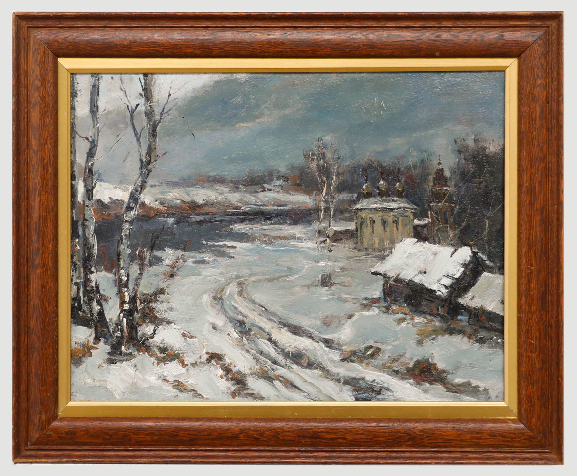 Unknown Landscape Painting - Russian School Mid 20th Century Oil - Winter Landscape with Dwellings & a Church