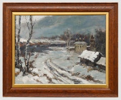 Russian School Mid 20th Century Oil - Winter Landscape with Dwellings & a Church