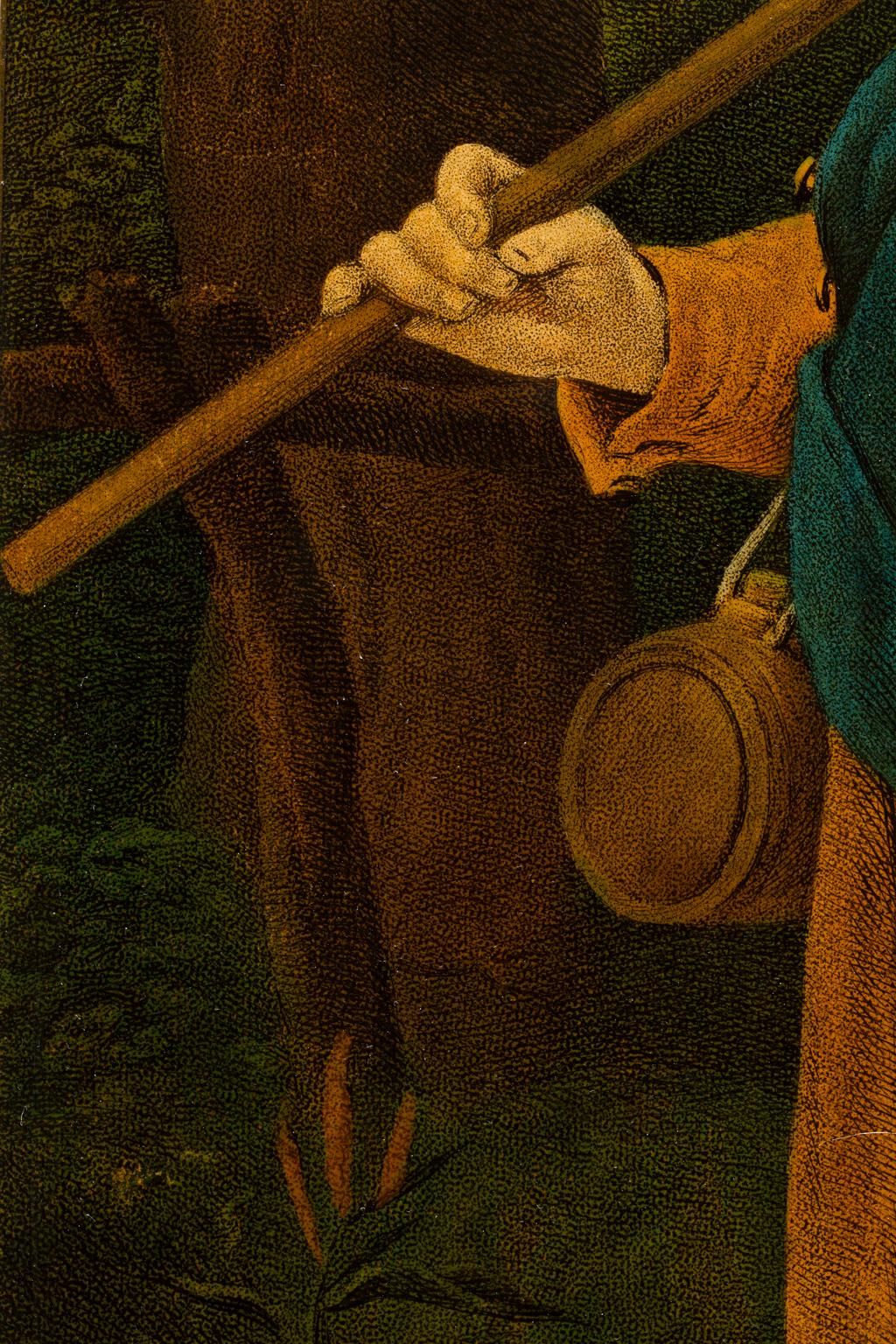 SALE ONE WEEK ONLY

This exceptional painting of a smoking peasant carrying a scythe with his daughter or wife in a rustic setting was created by the rare and difficult technique of reverse glass painting. The original painting that this reverse