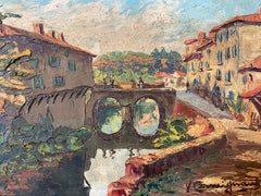 Rustic Old Town Bridge Reflections, Impressionist Landscape, Signed Oil Painting