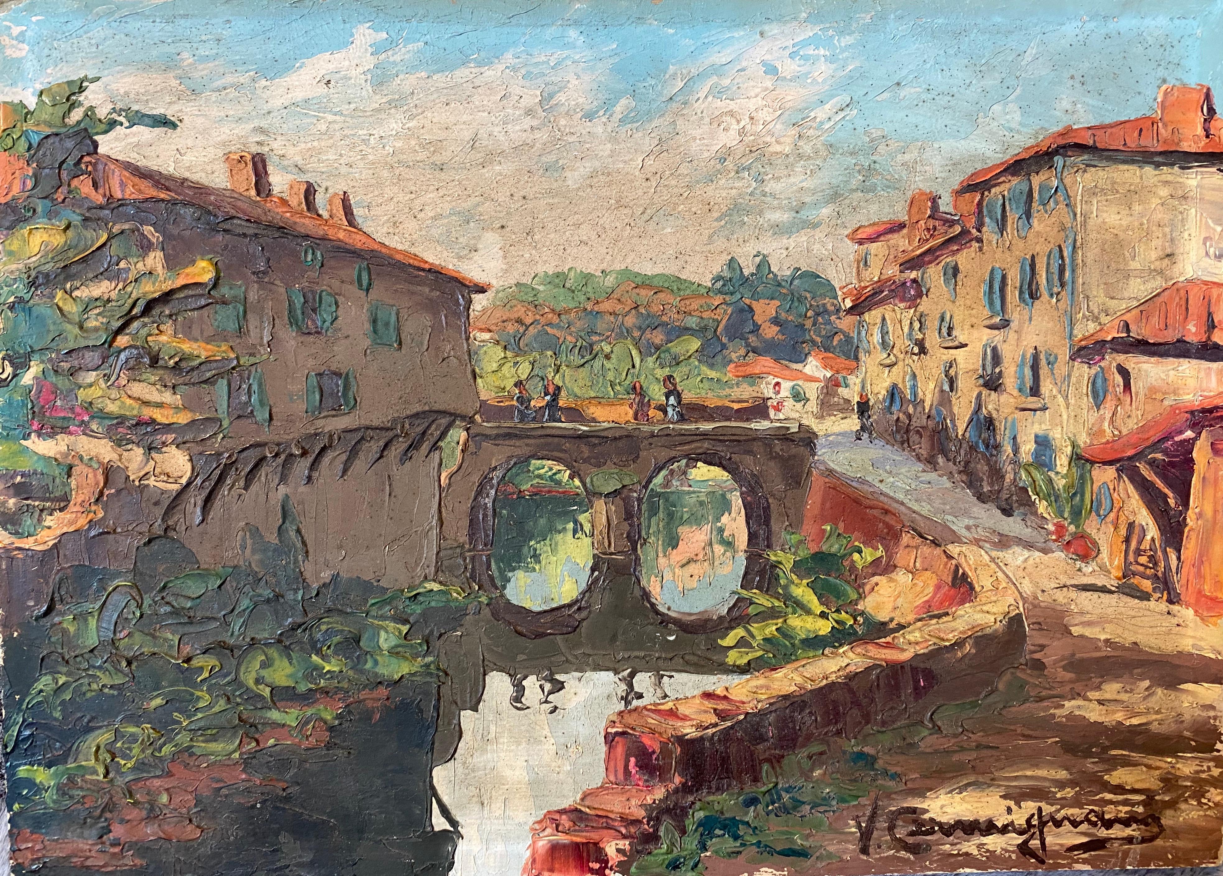 Unknown Landscape Painting - Rustic Old Town Bridge Reflections, Impressionist Landscape, Signed Oil Painting