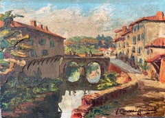 Vintage Rustic Old Town Bridge Reflections, Impressionist Landscape, Signed Oil Painting