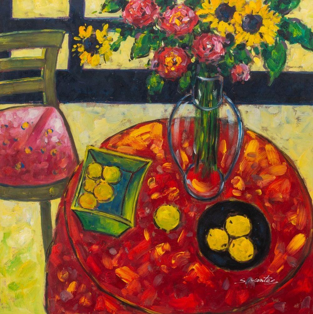 S. Montey Nature morte au bouquet et aux fruits - Painting de Unknown