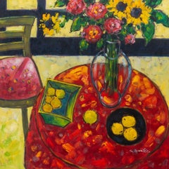 Still Life of Bouquet and Fruit, Acrylic on Canvas