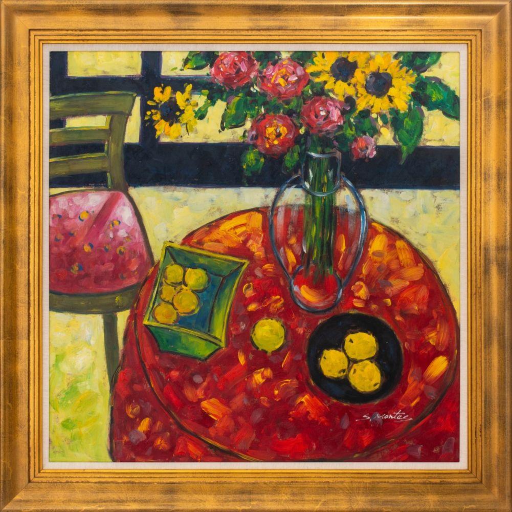 S. Montey (XX-XXI), Nature morte au bouquet et aux fruits, acrylique sur toile, signée en bas à droite, cadre en bois doré. Image : 29.75