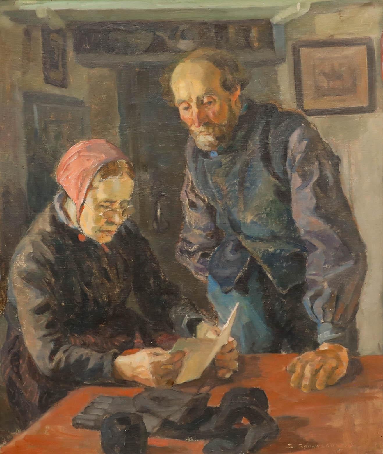 S. Sorensen - 20. Jahrhundert Öl, Paar liest einen Brief – Painting von Unknown