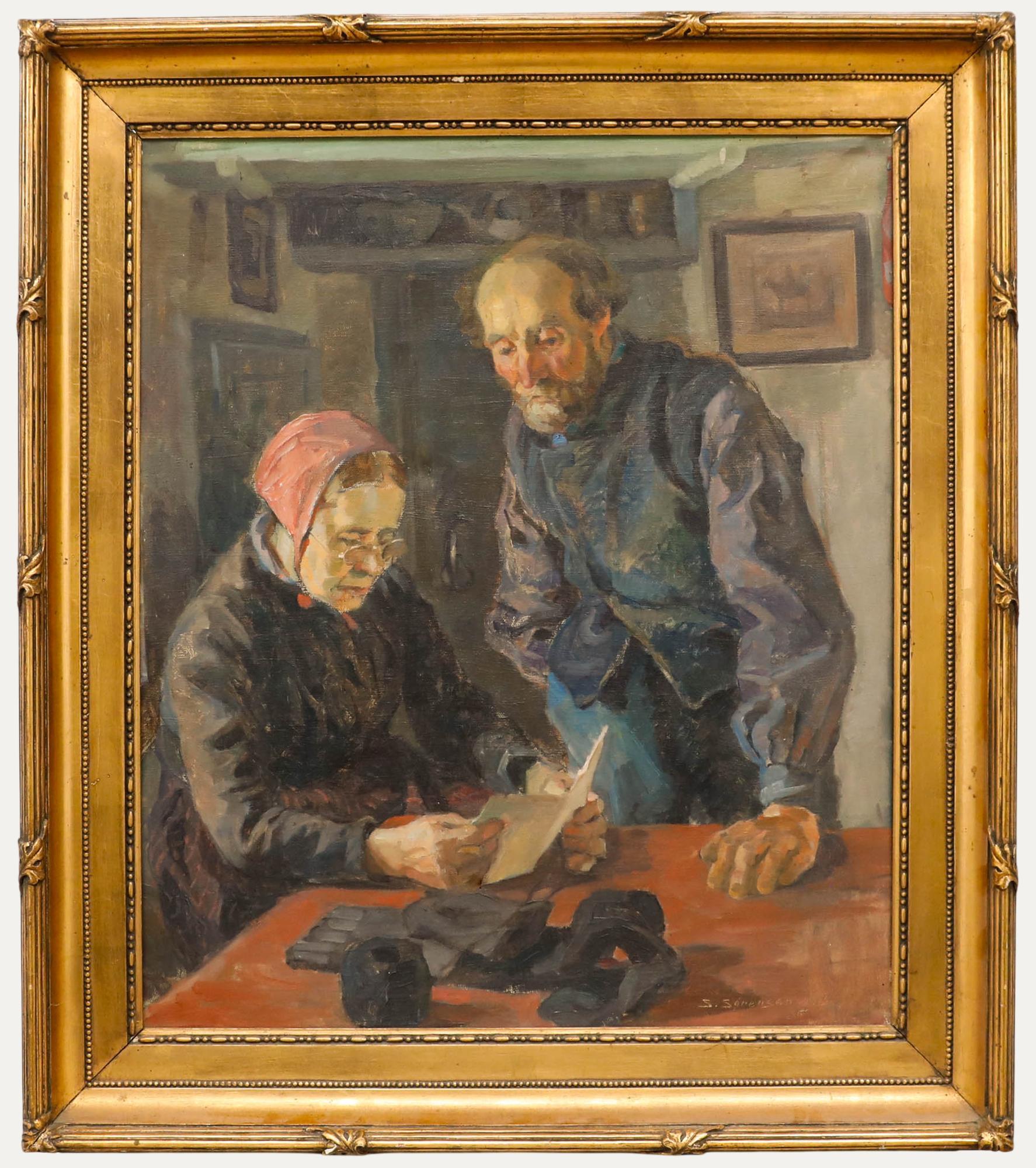 S. Sorensen - 20. Jahrhundert Öl, Paar liest einen Brief