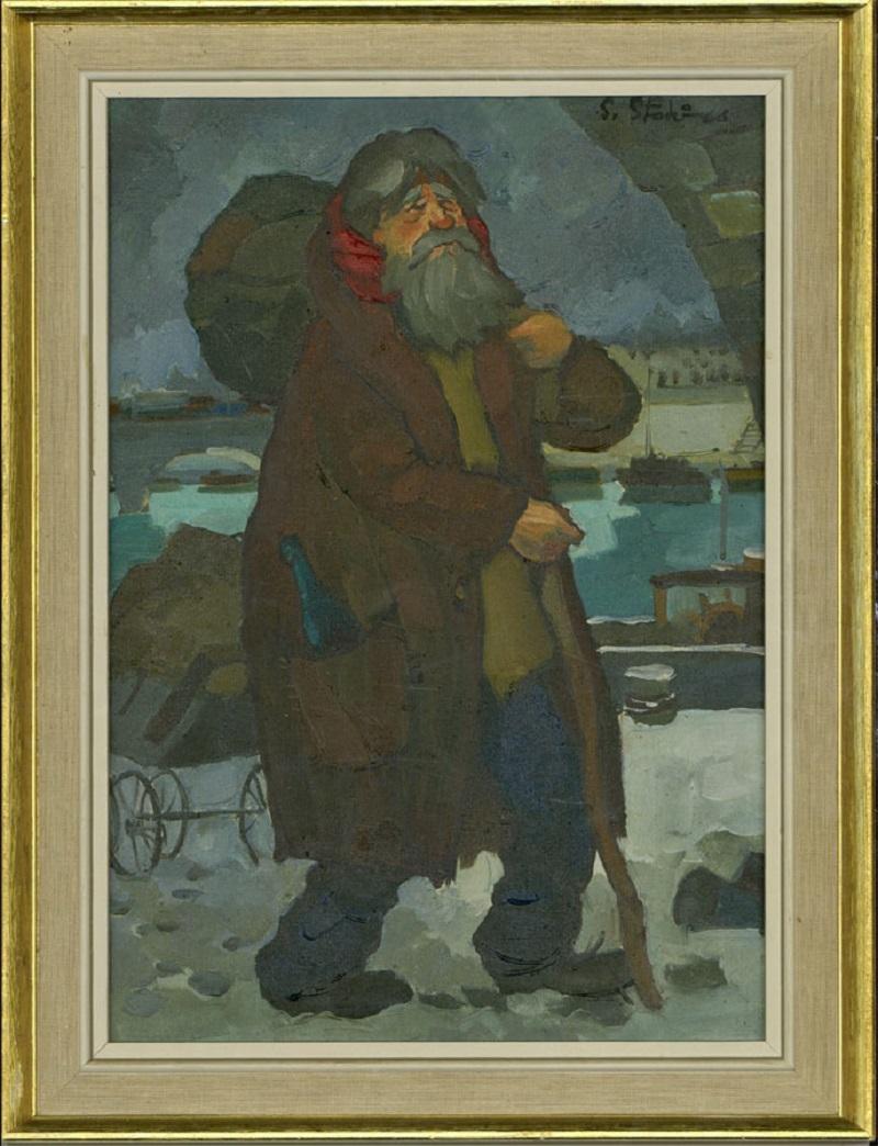 Unknown Portrait Painting - S. Stokr - Fine 1966 Oil, The Traveller