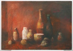 S. Taylor - 20e siècle Huile, Nature morte avec bouteilles et oignons