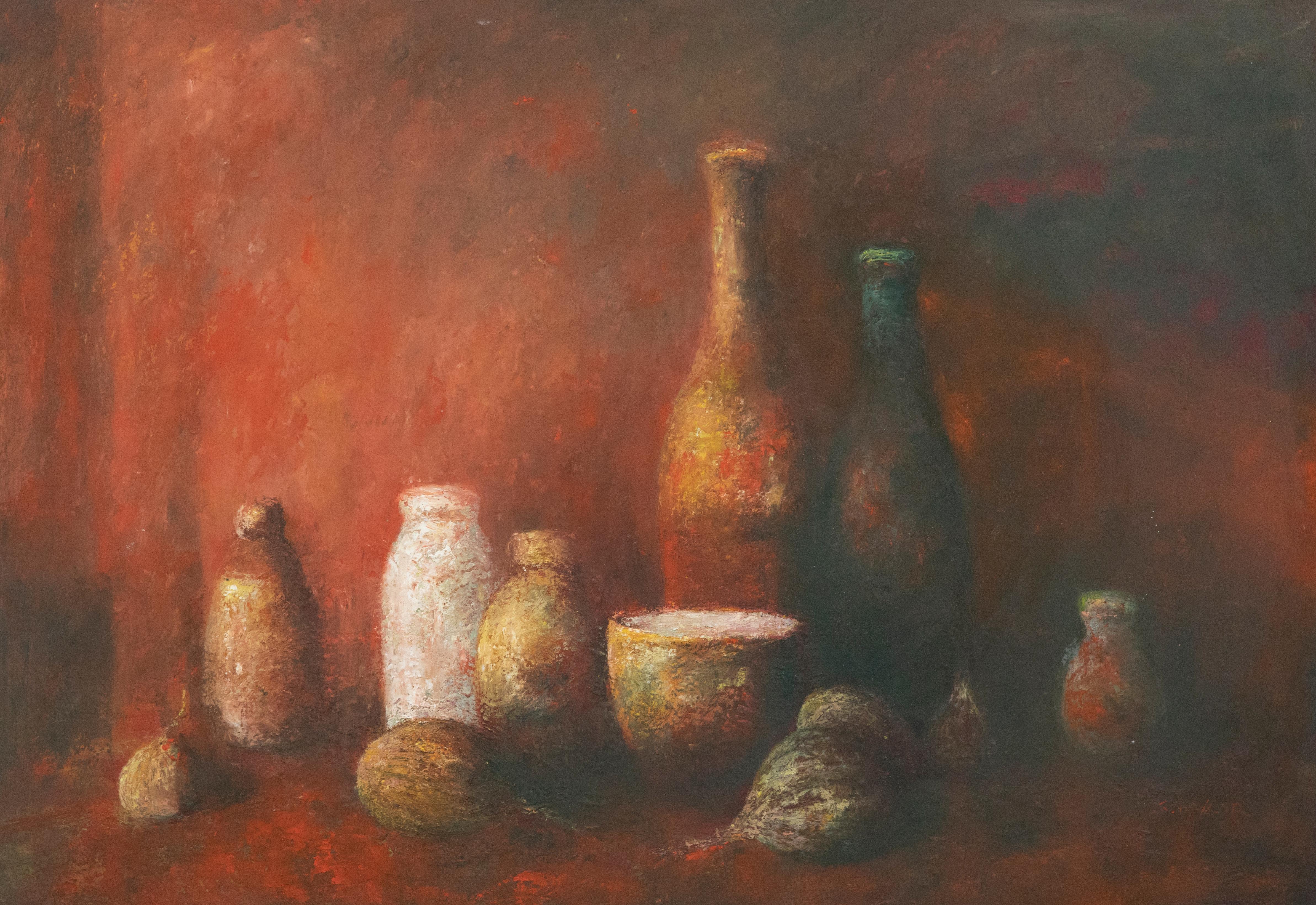 Unknown Still-Life Painting - S. Taylor - 20th Century Oil, Still Life with Bottles & Onions