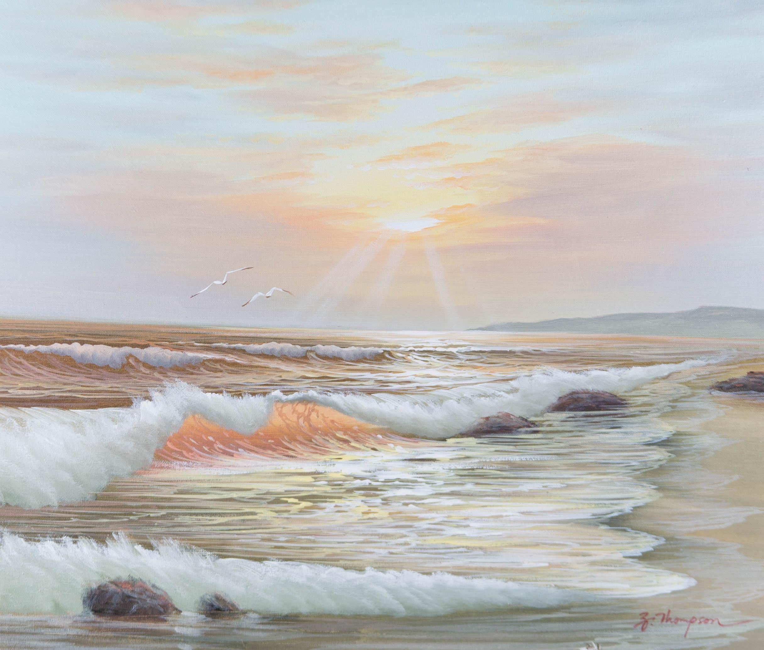 S. Thompson - Signed & Framed Contemporary Oil, Evening at the Beach - Painting by Unknown