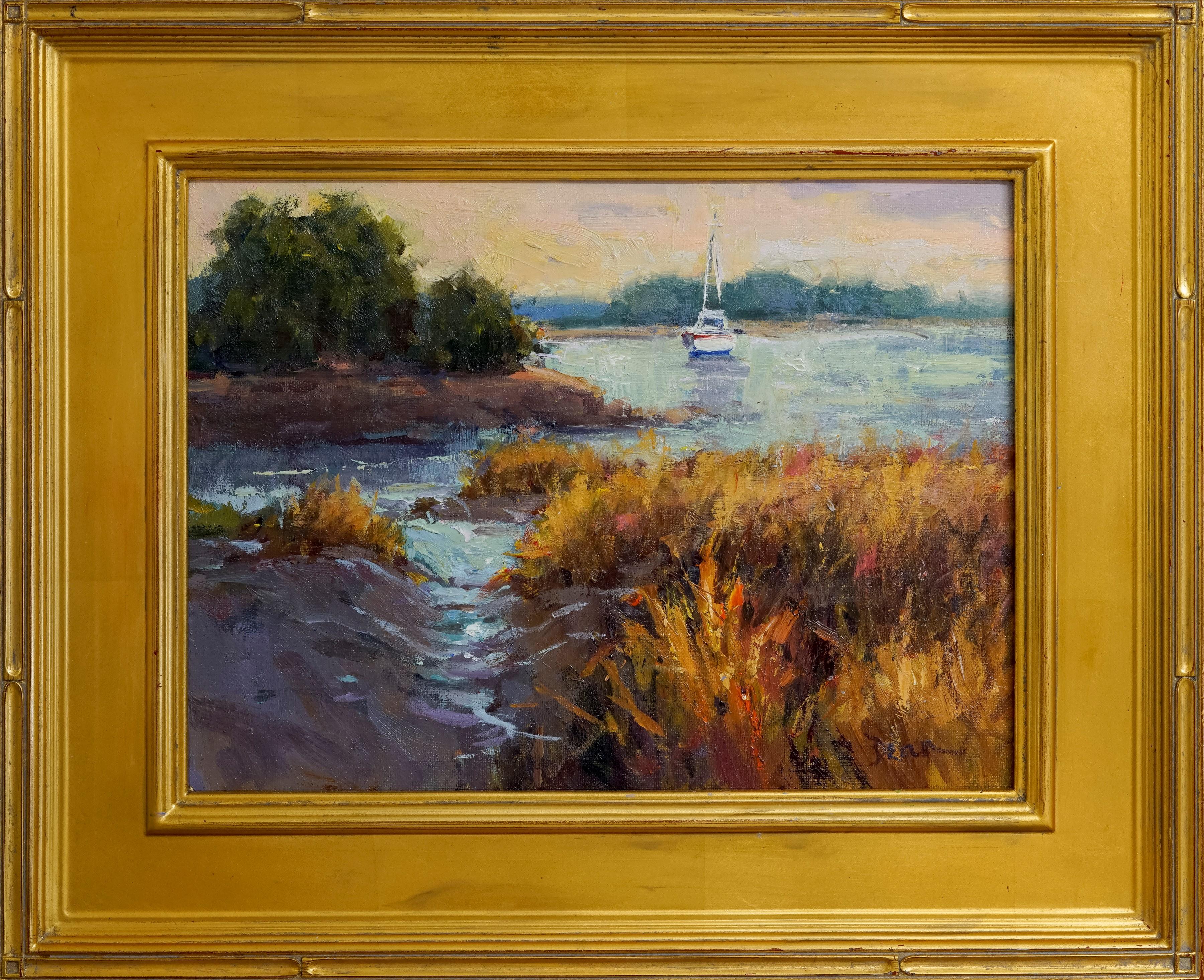 Dee Beard Dean Interior Painting - Safe Harbor, Plein Air Landscape Original Fine Art Gold Frame Oil on Linen Board