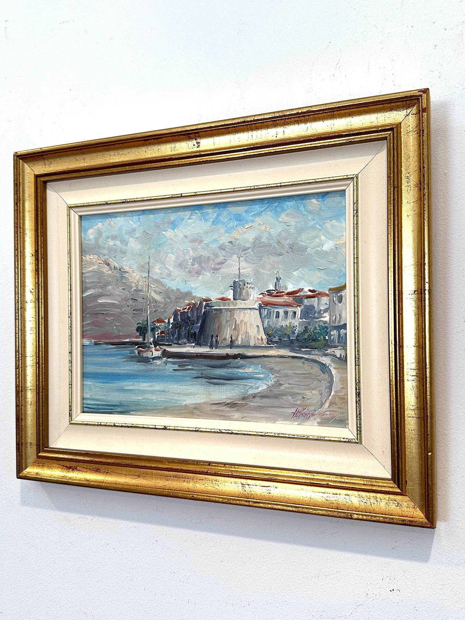 Peinture à l'huile impressionniste côtière encadrée 