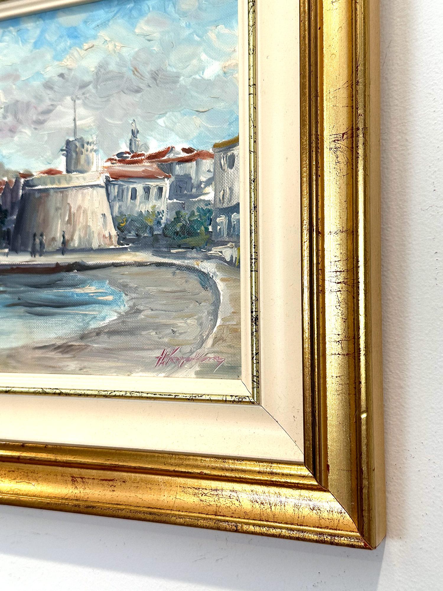 Peinture à l'huile impressionniste côtière encadrée 