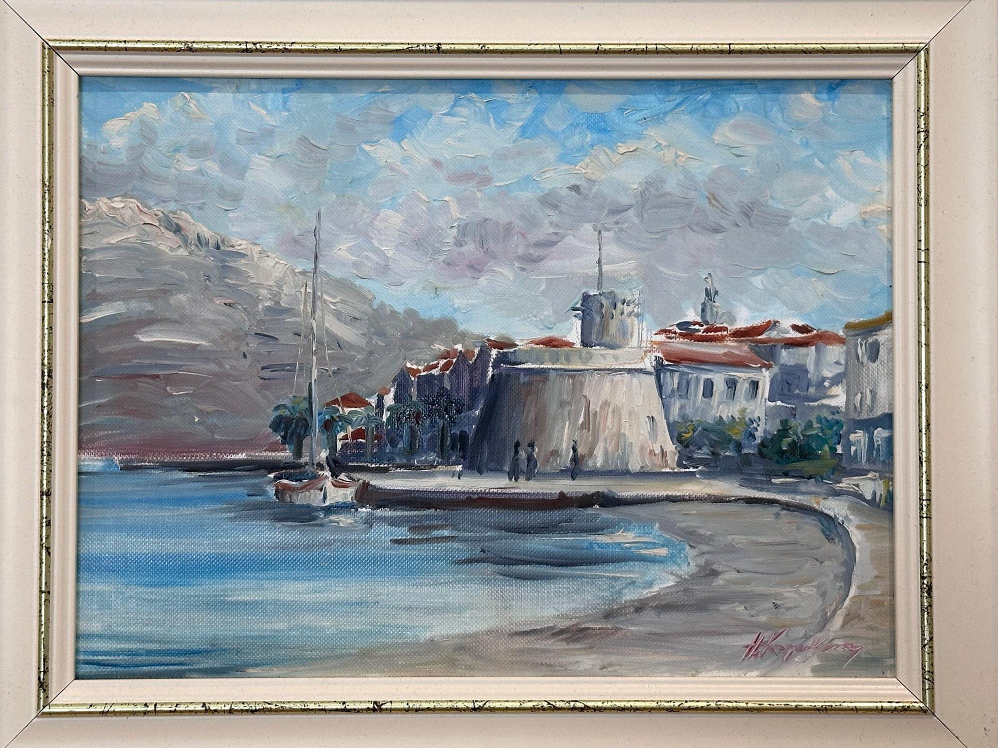 Peinture à l'huile impressionniste côtière encadrée 