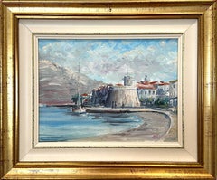 "Velero junto al puerto deportivo" Pintura al óleo impresionista costera de colores Enmarcada
