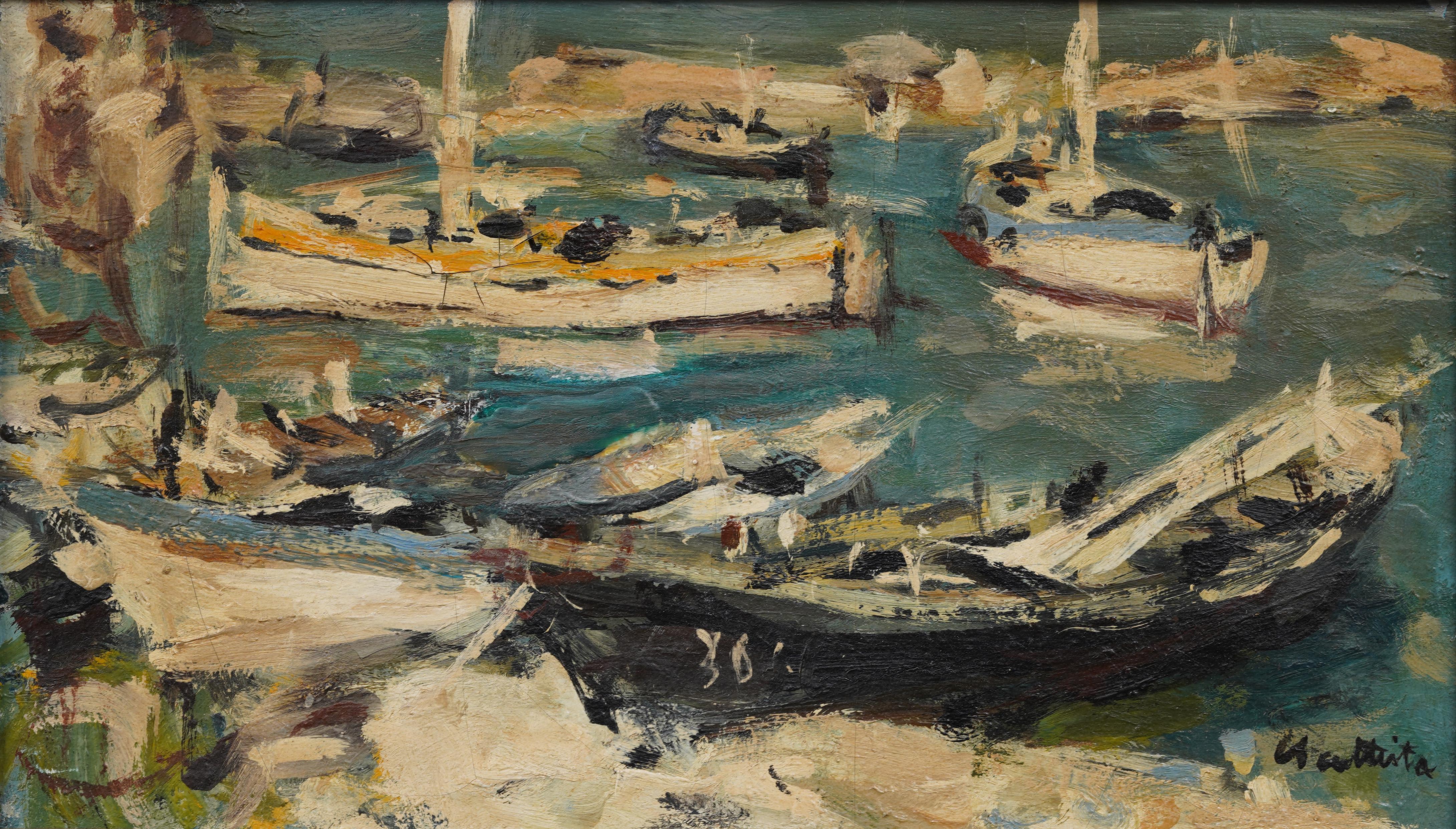 Veliero Porto Porto Paesaggio marino Firmato Quadro originale modernista francese incorniciato - Painting Moderno di Unknown