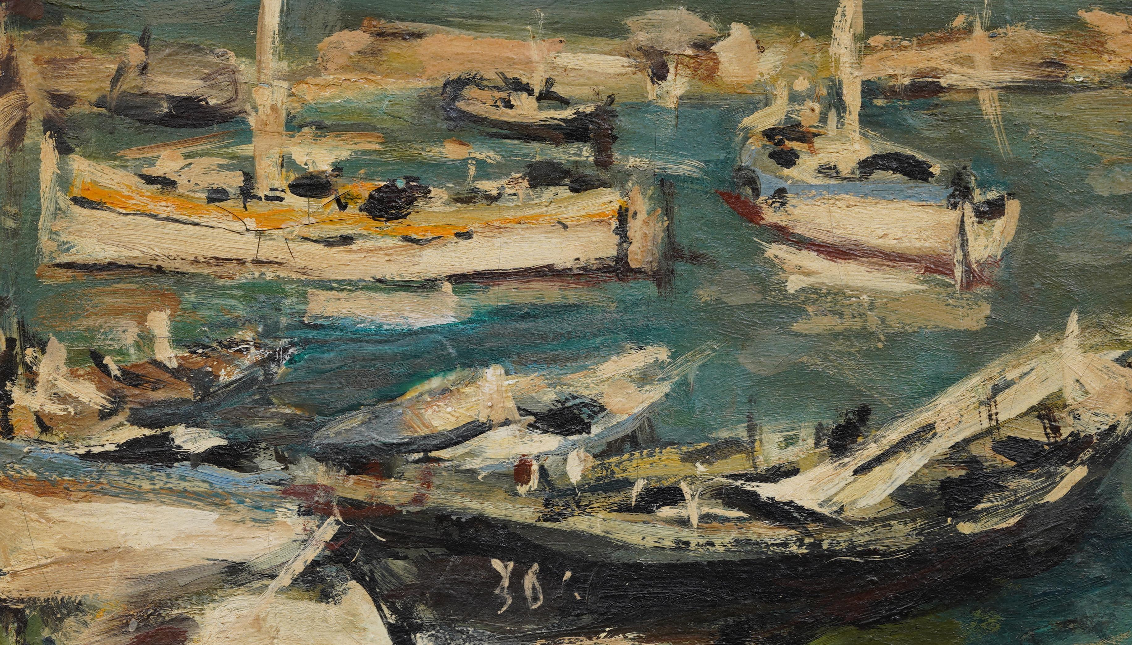 Veliero Porto Porto Paesaggio marino Firmato Quadro originale modernista francese incorniciato - Landscape Painting Marrone di Unknown
