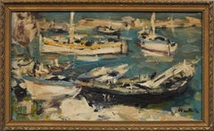 Sailboat Harbor Port Seascape Signed French Modernist Original Framed Painting