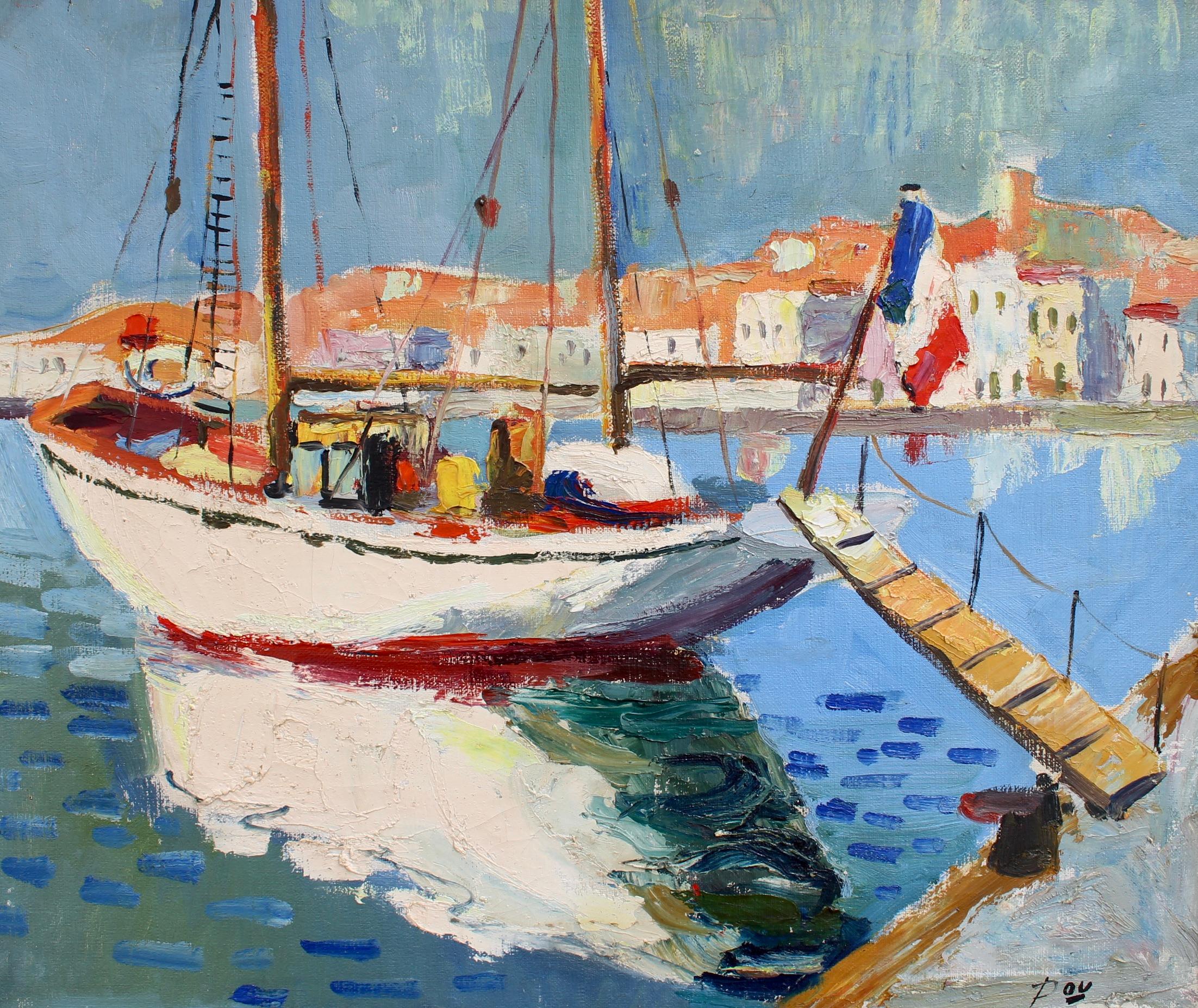 Unknown Landscape Painting - Sailboat in St. Tropez Harbour