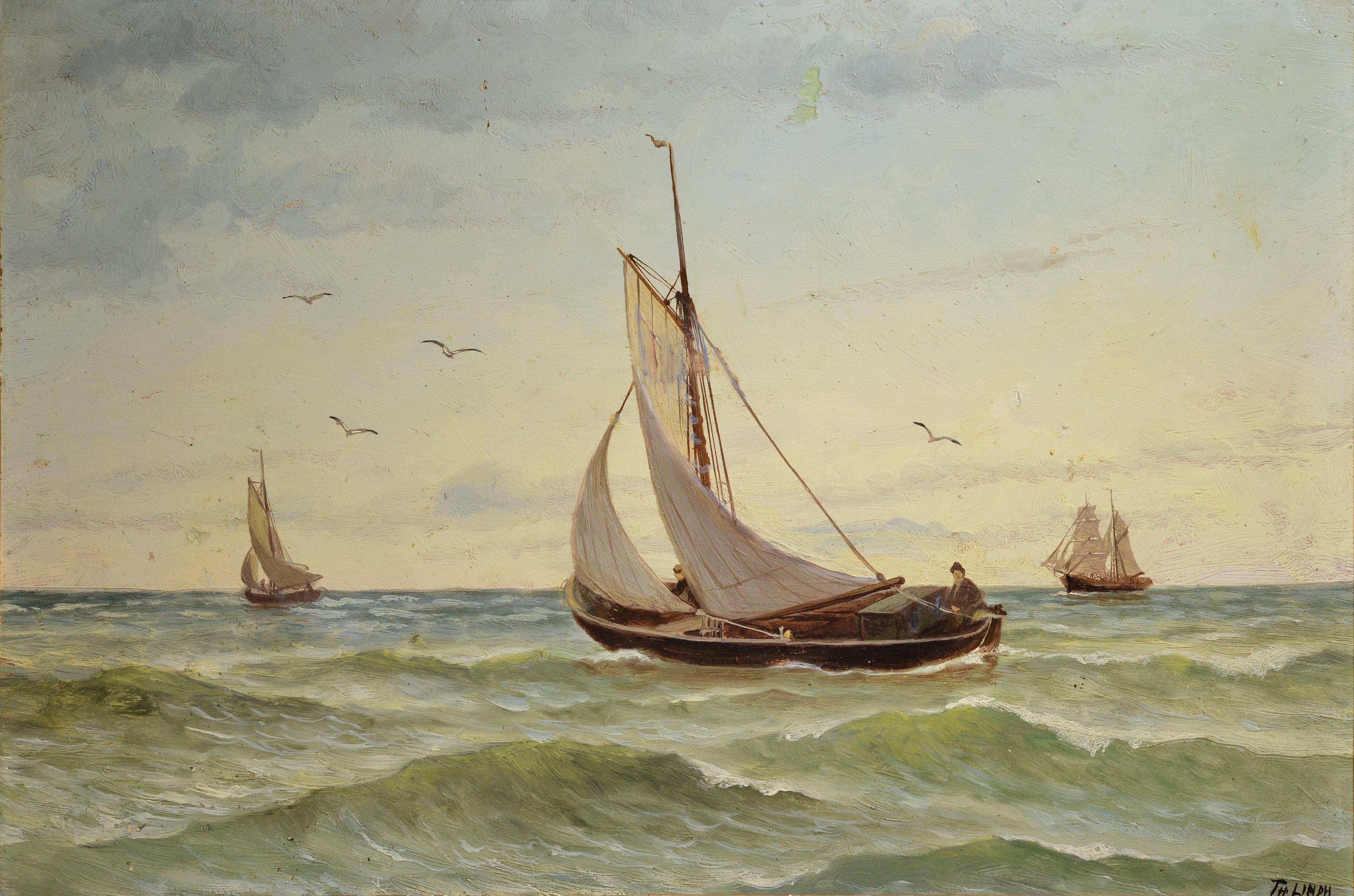 Sailboats and Sailing Ship in Seascape early 20th Century Oil Painting Framed - Brown Landscape Painting by Unknown