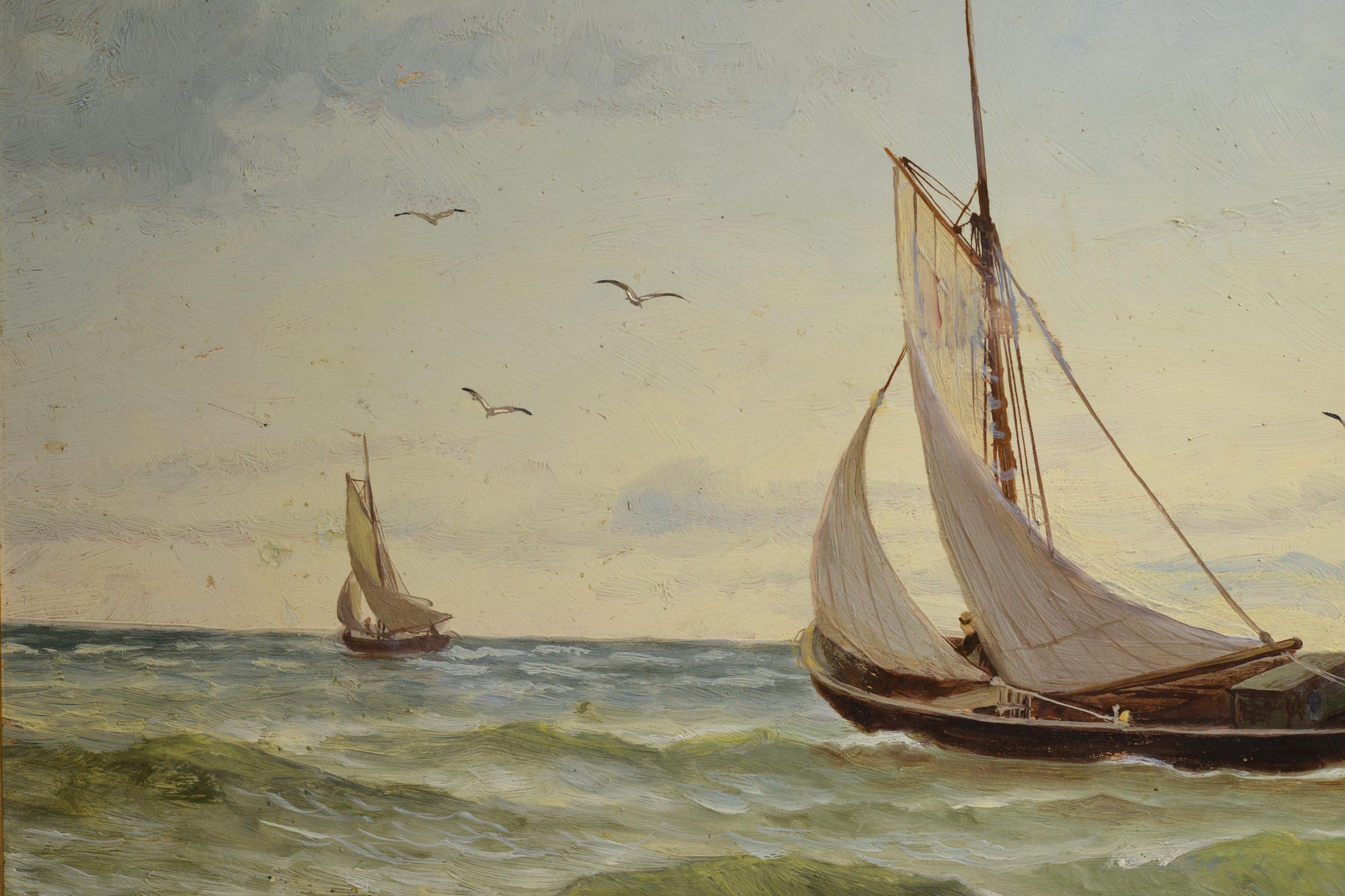 Tableau à l'huile du début du 20e siècle, encadré, avec des voiliers et un navire à voile - Réalisme Painting par Unknown