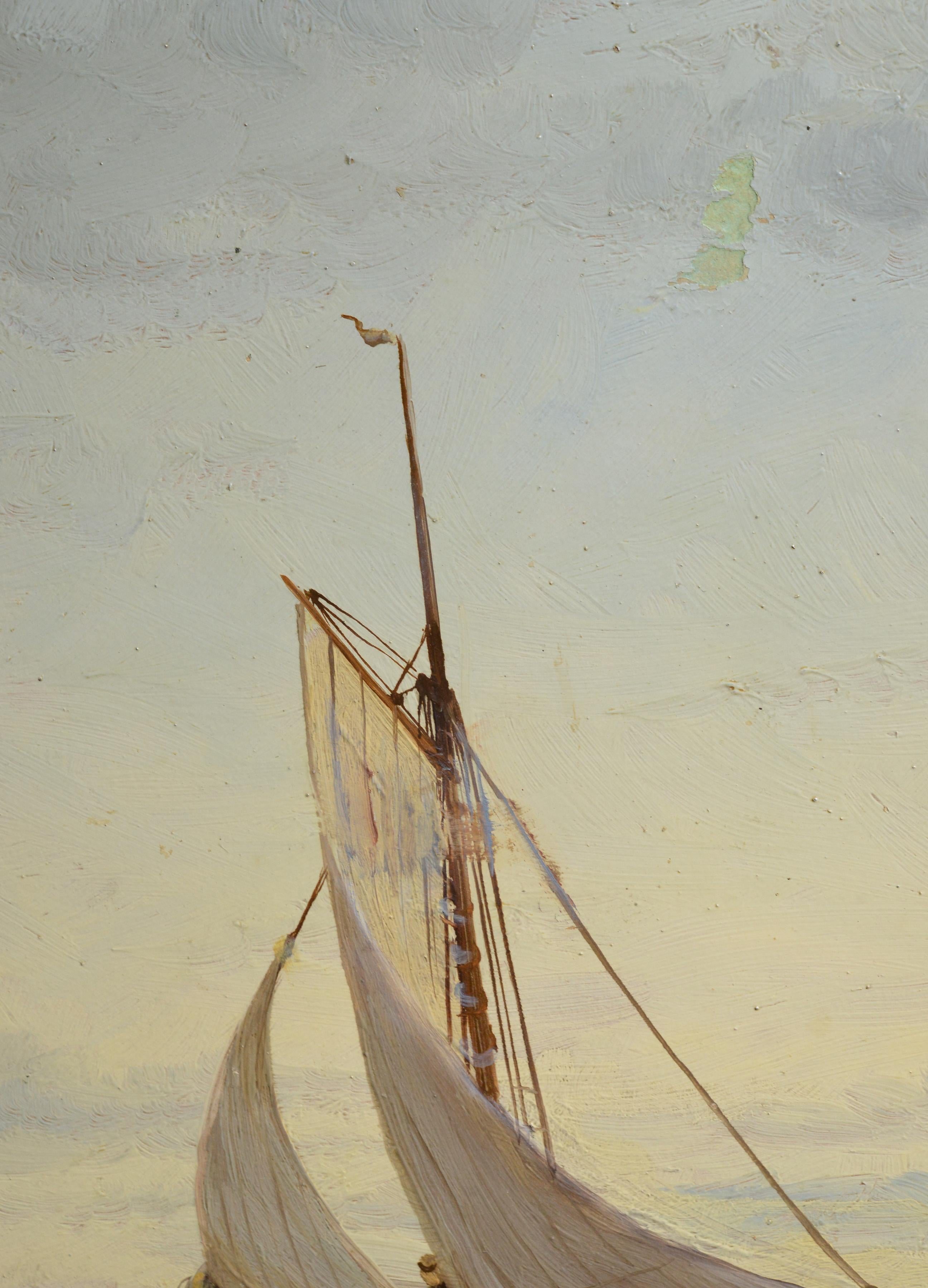 Tableau à l'huile du début du 20e siècle, encadré, avec des voiliers et un navire à voile - Marron Landscape Painting par Unknown