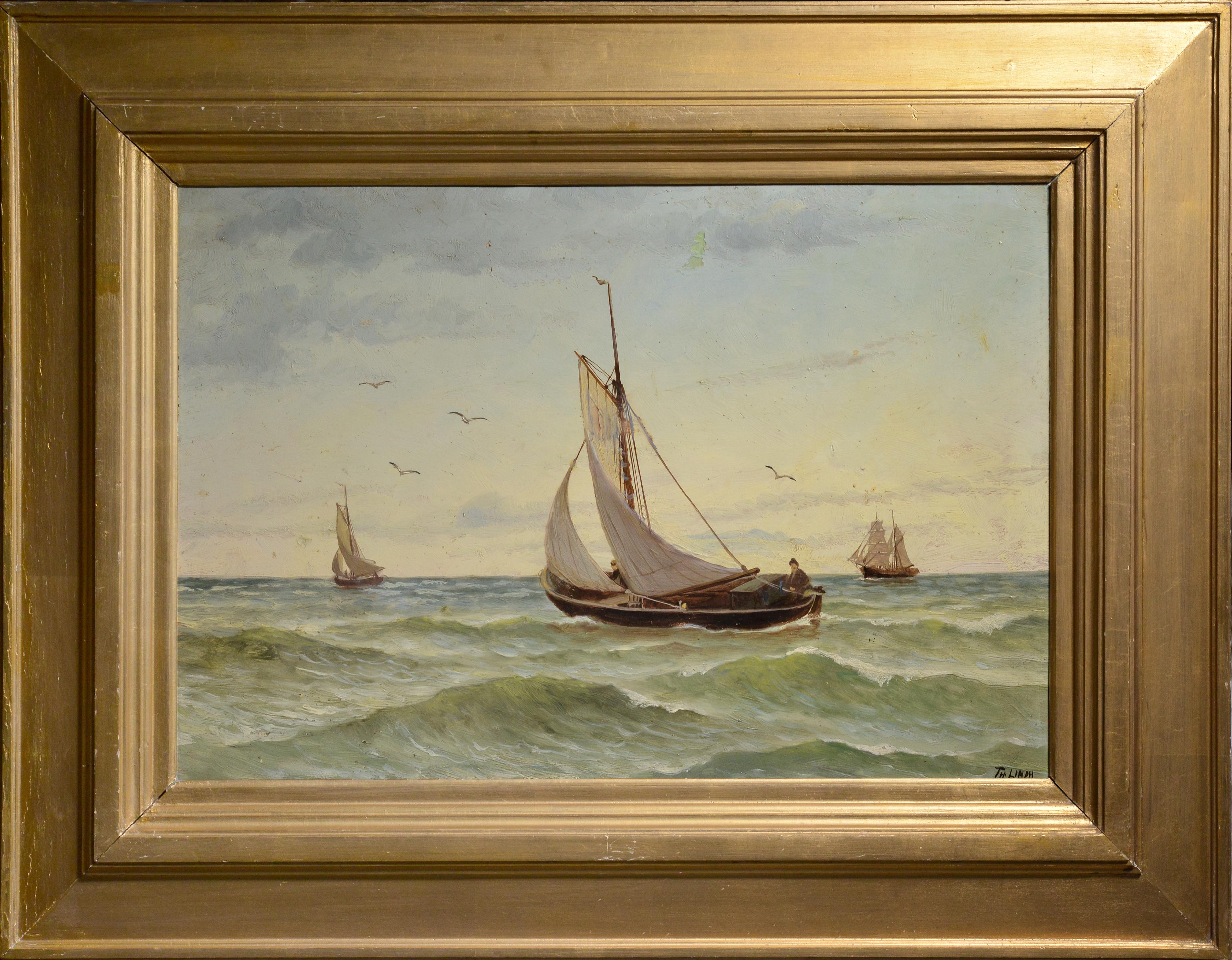 Sailboats and Sailing Ship in Seascape early 20th Century Oil Painting Framed