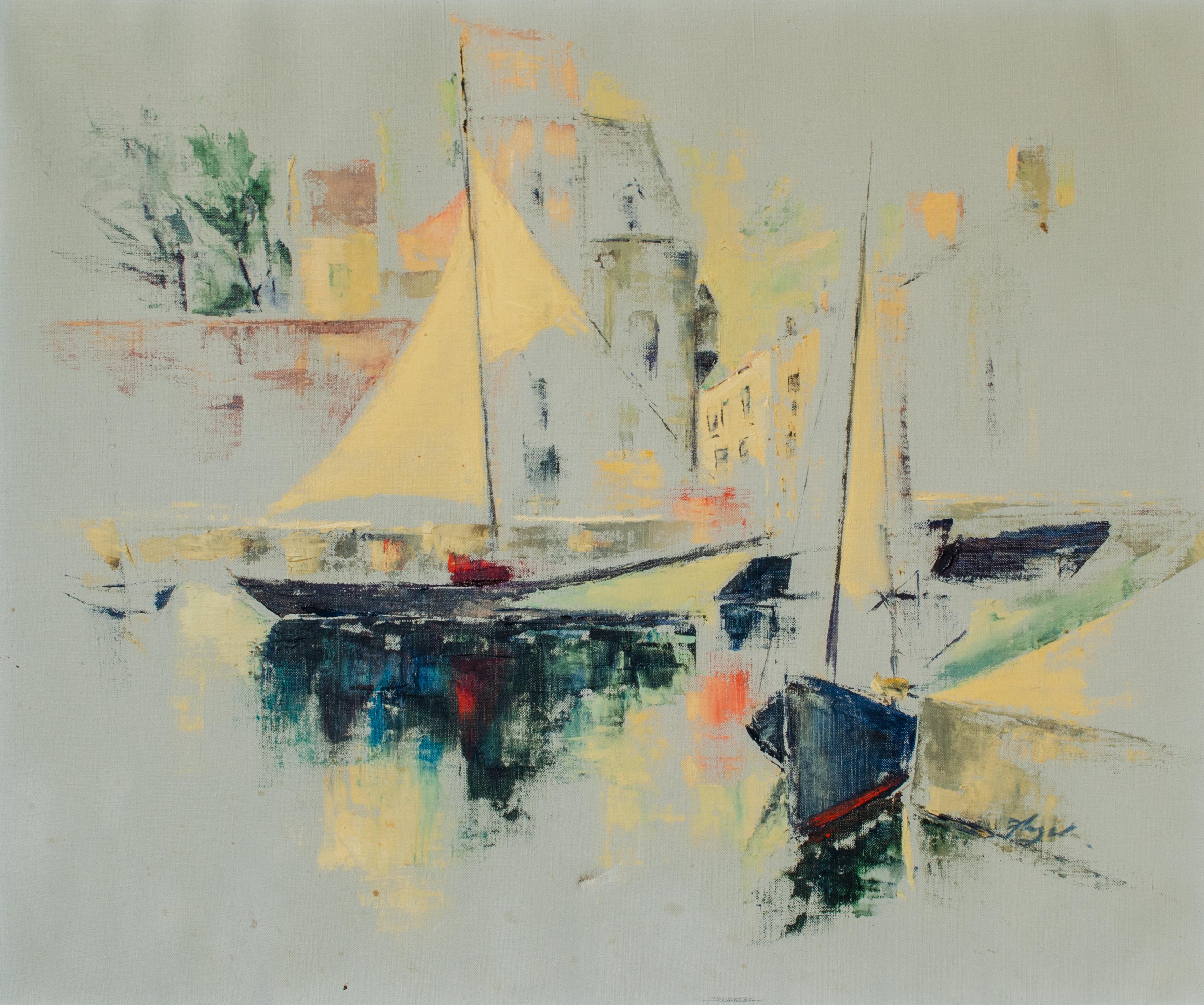 Sailboats at Port by Mystery American Artist - Painting by Unknown