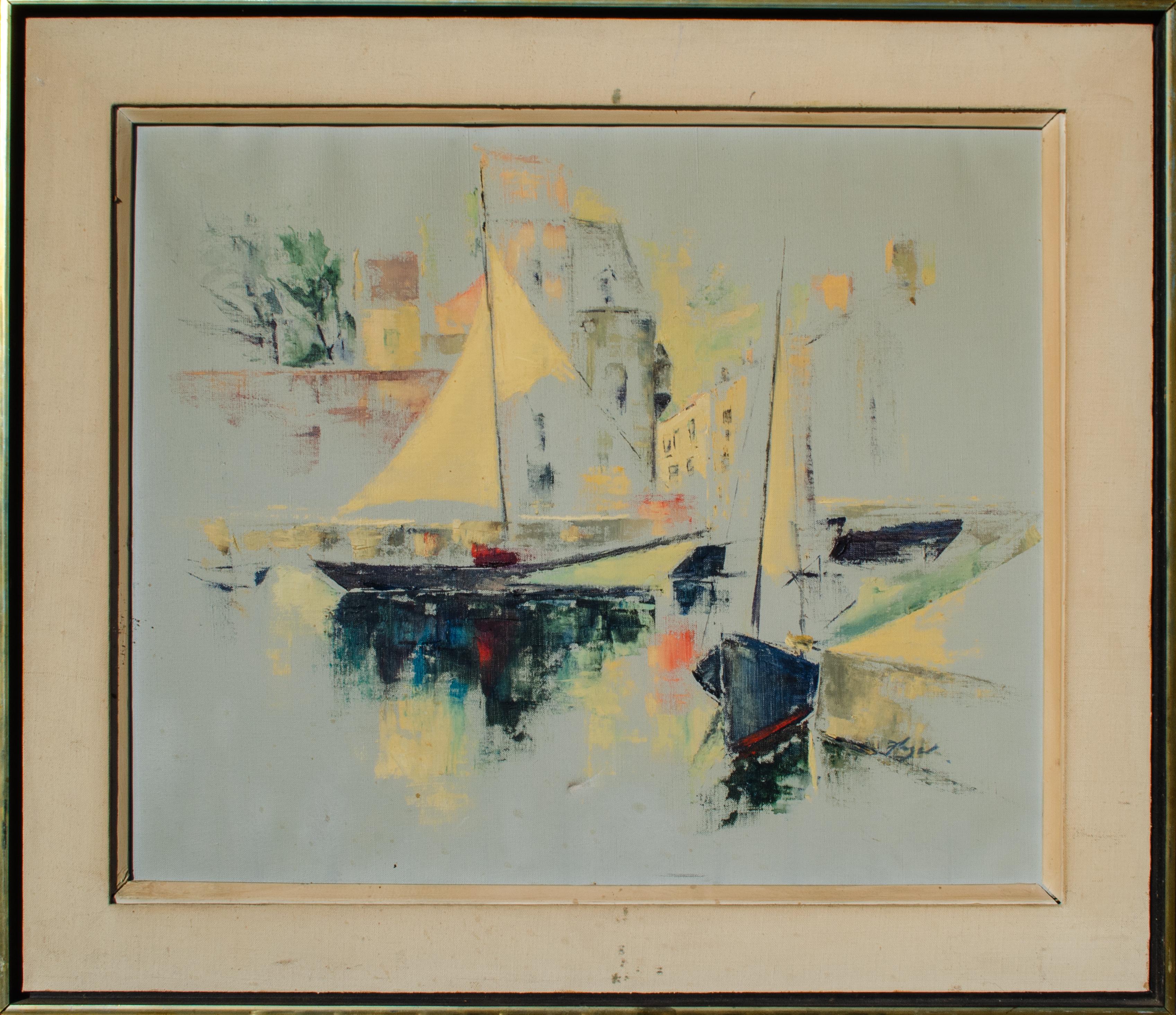 Unknown Figurative Painting – Segelboote im Hafen des amerikanischen Künstlers Mystery