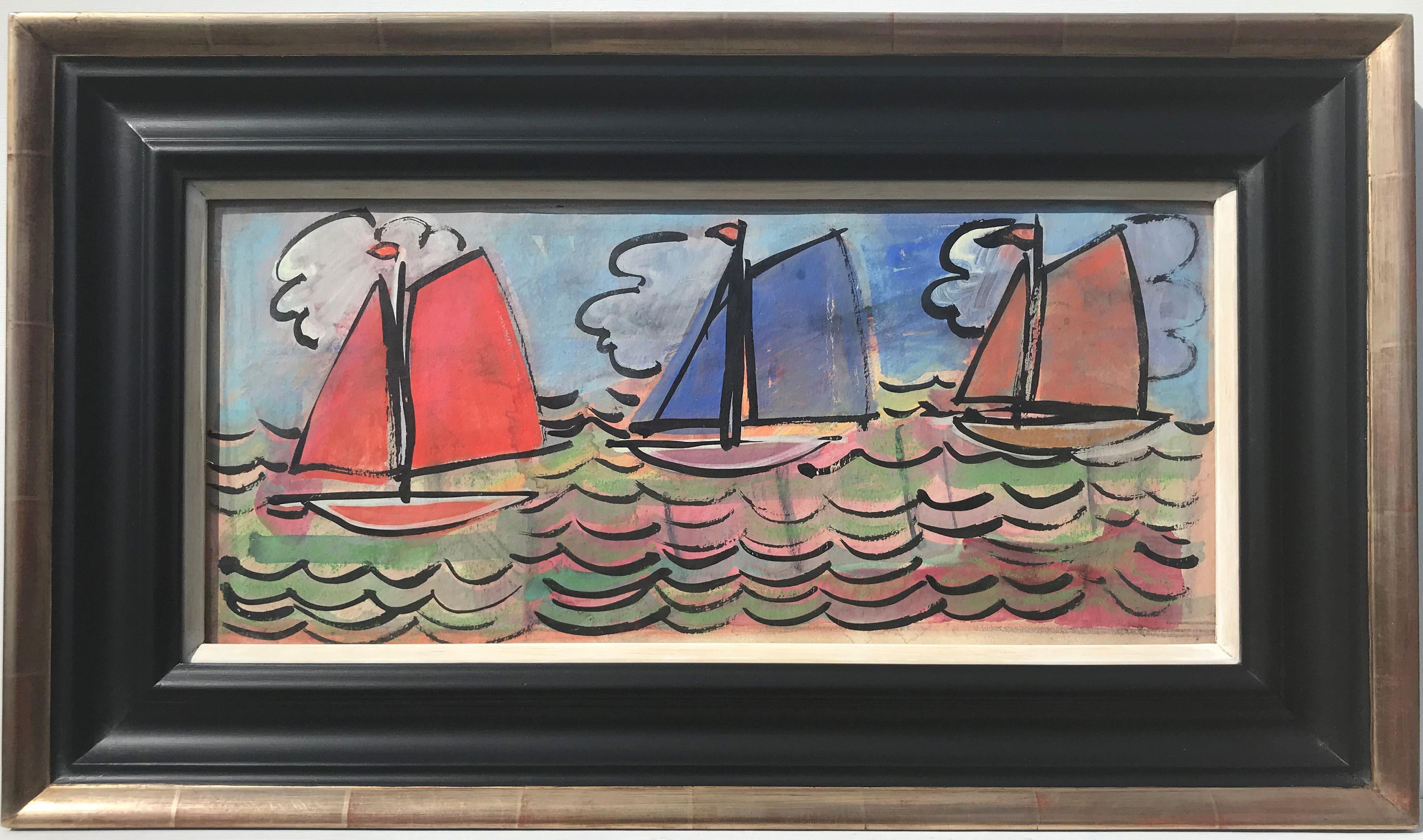 Sailboats at Sea, 20th Century French School, colourful original oil on canvas - Painting by Unknown