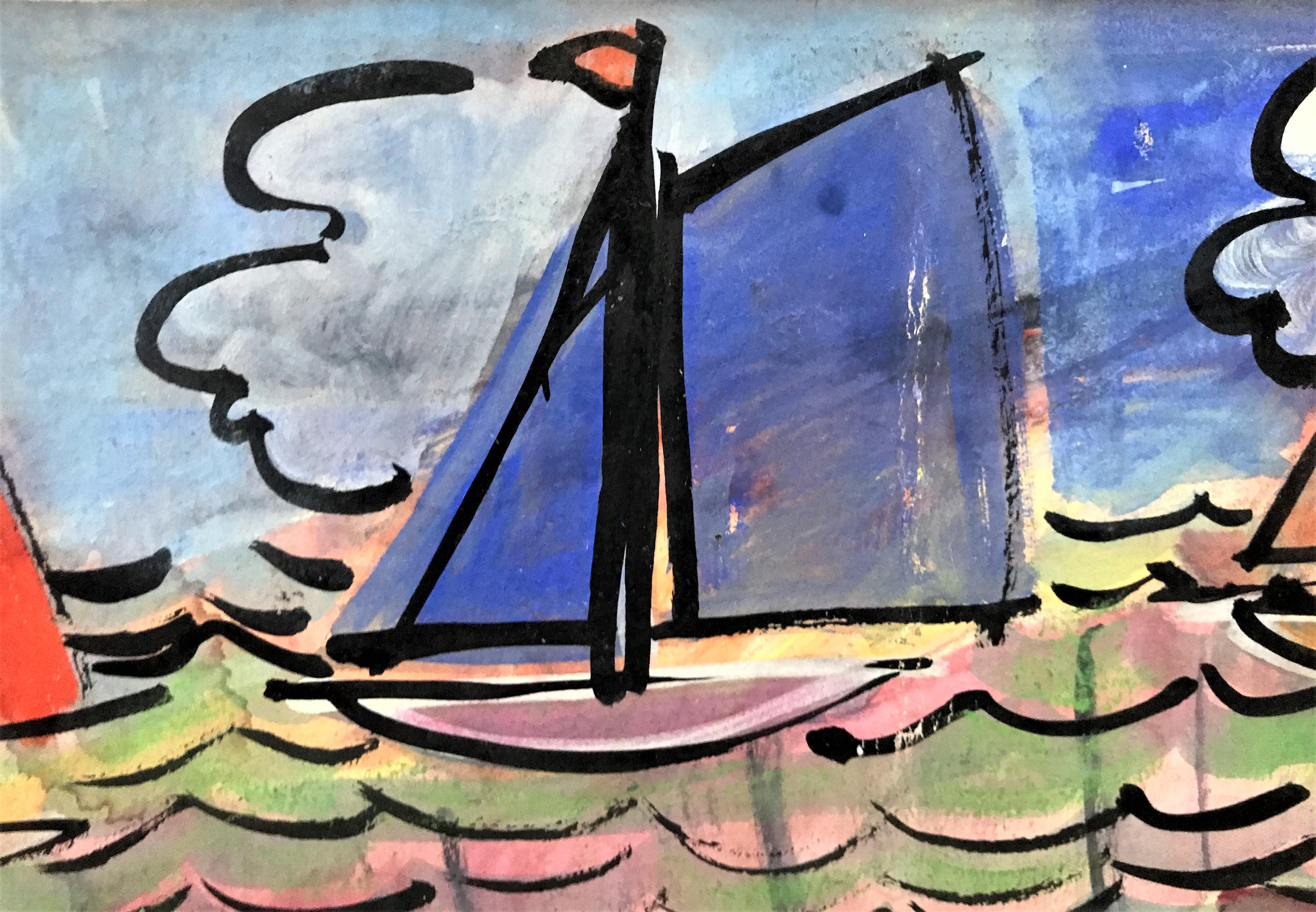 Segelboote auf See, Französische Schule des 20. Jahrhunderts, farbenfrohes Original in Öl auf Leinwand (Braun), Landscape Painting, von Unknown