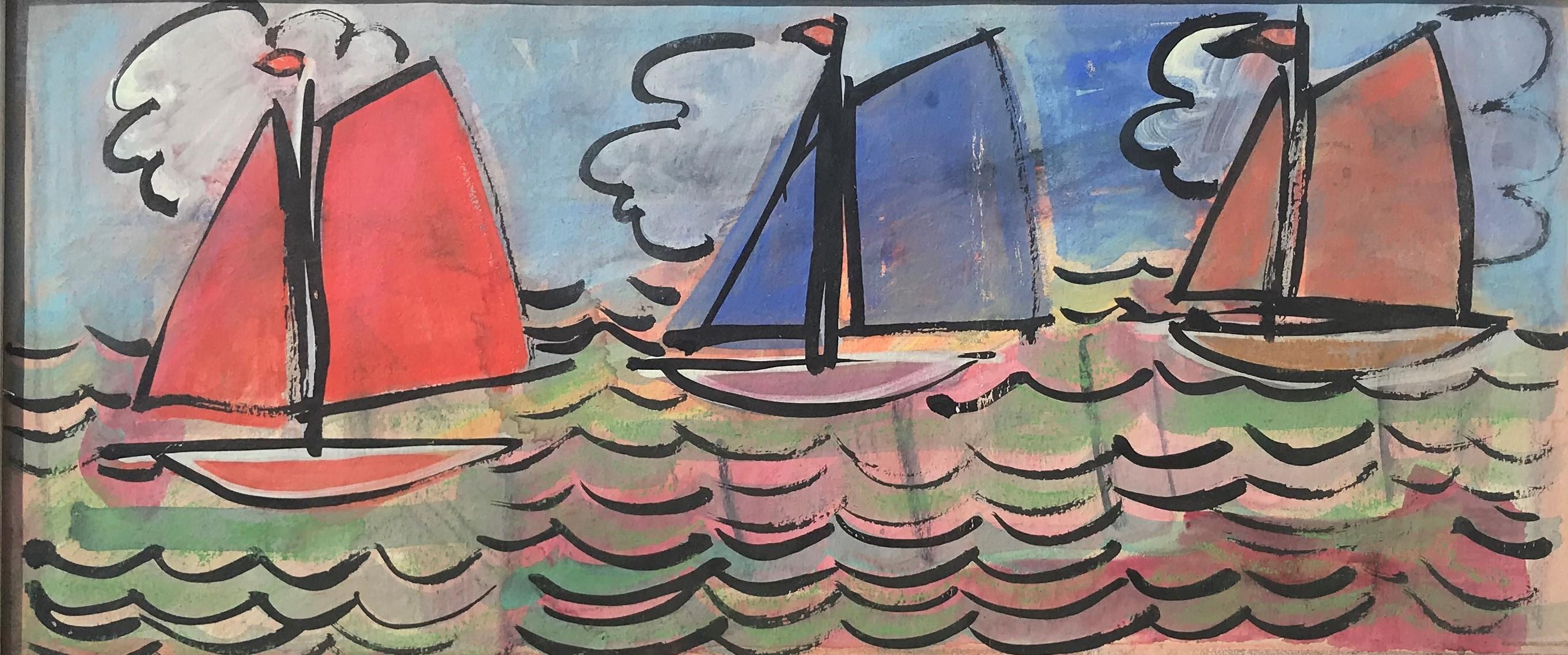 Unknown Landscape Painting – Segelboote auf See, Französische Schule des 20. Jahrhunderts, farbenfrohes Original in Öl auf Leinwand