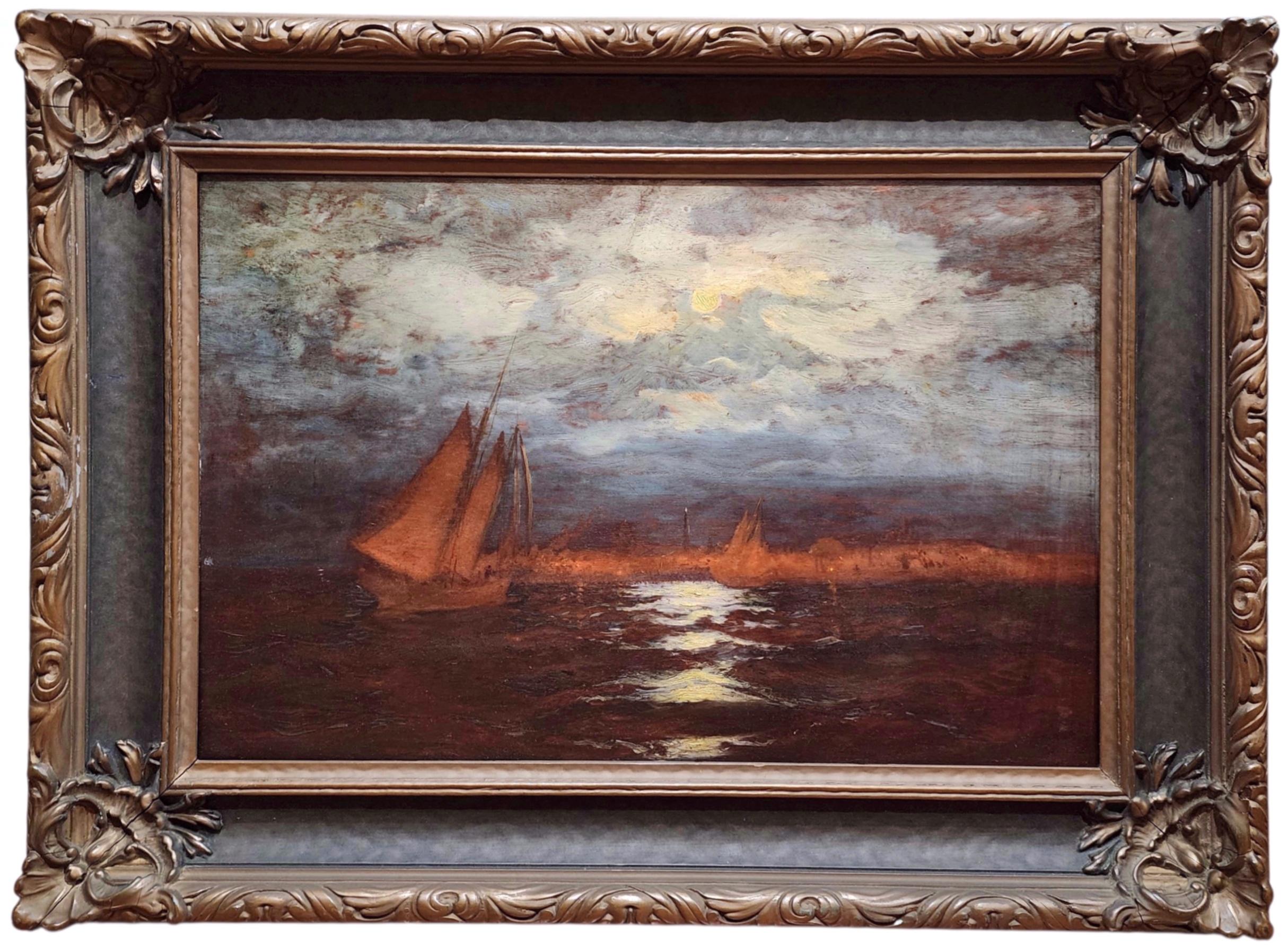 Unknown Landscape Painting - Sailing Among the Moonlight, Moody Seascape, Tonalism