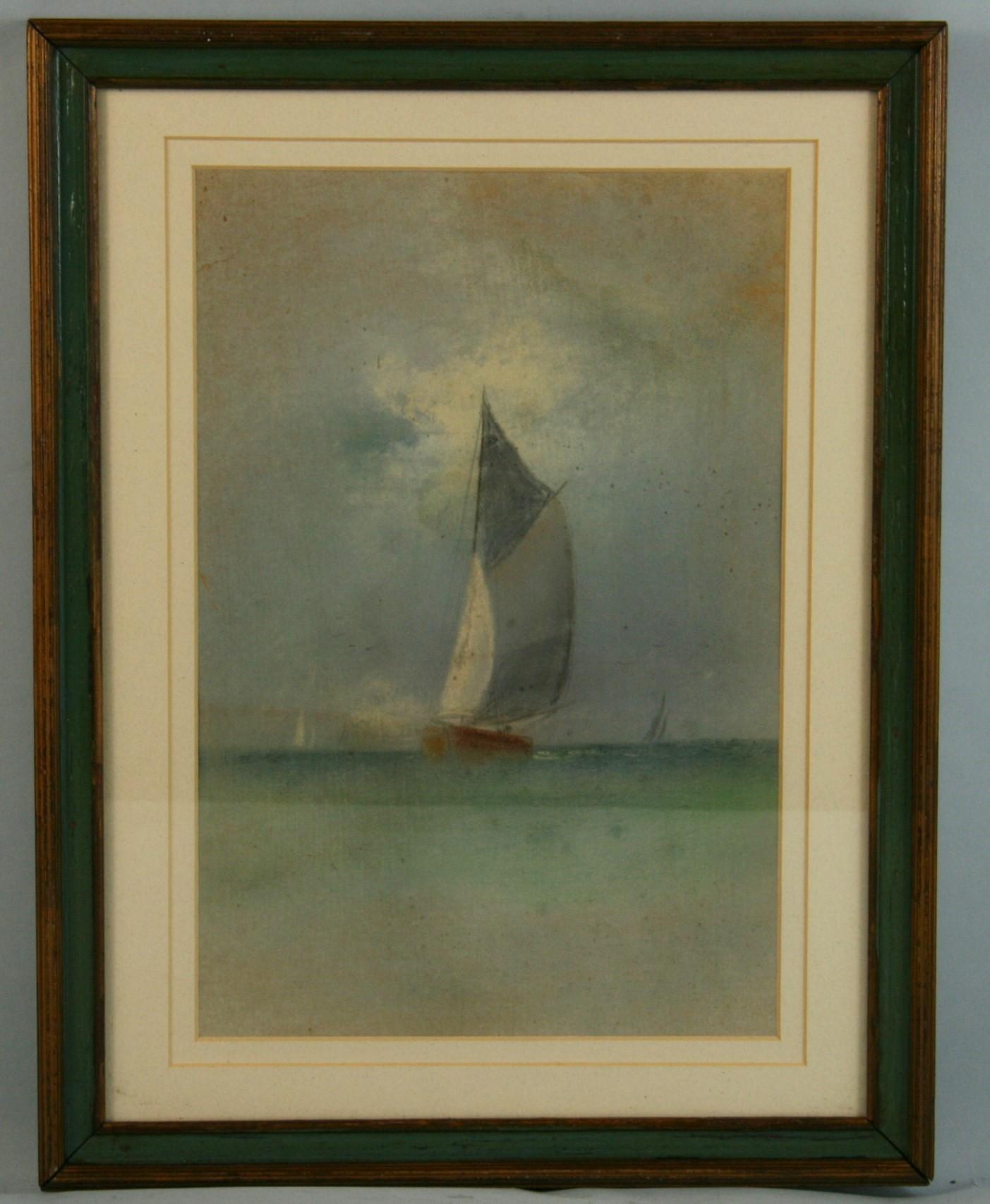4075 Antique sailing regatta oil pastel on paper in a period frame