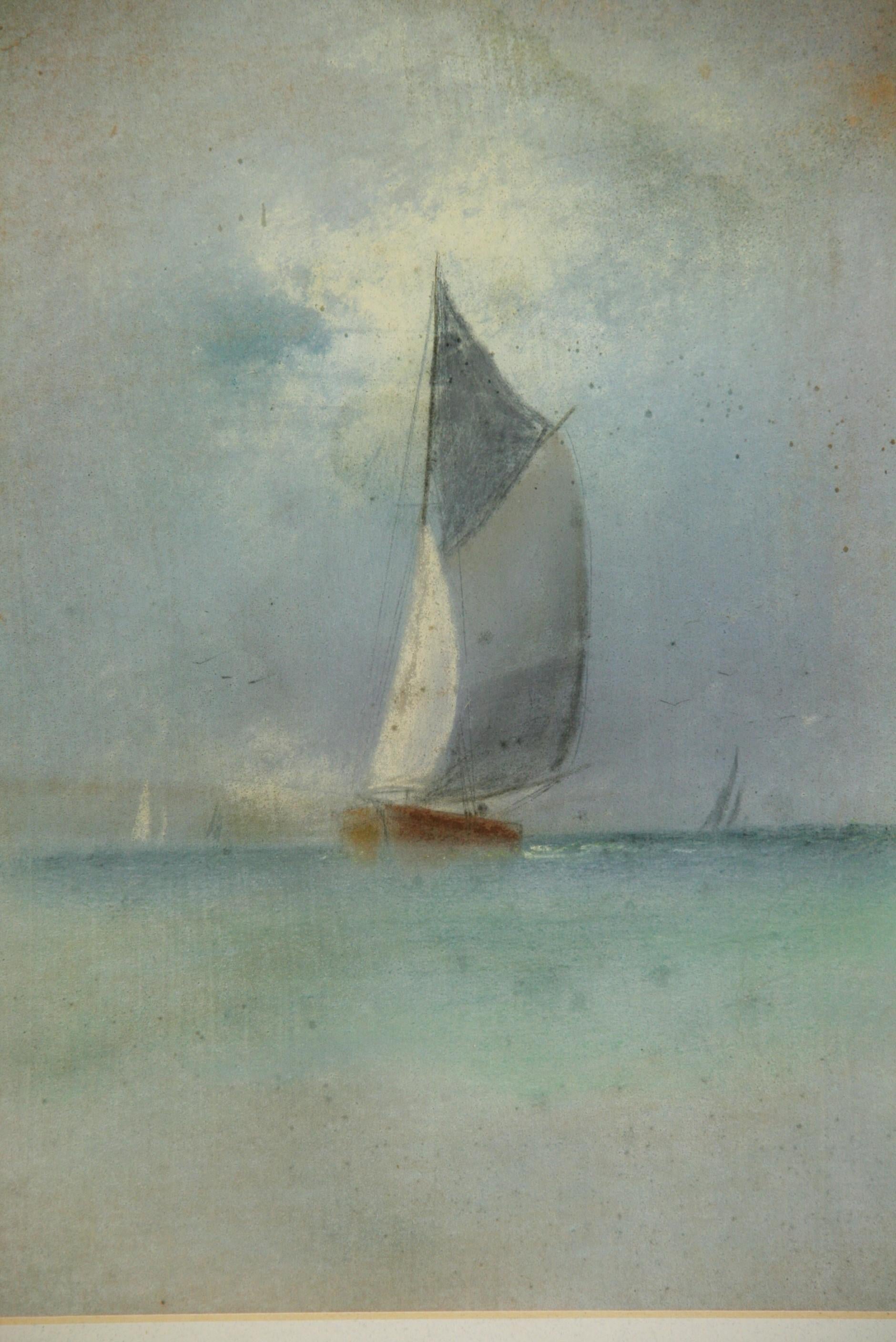 Unknown Landscape Painting -  Sailing Regatta Antique Oil Pastel 1900