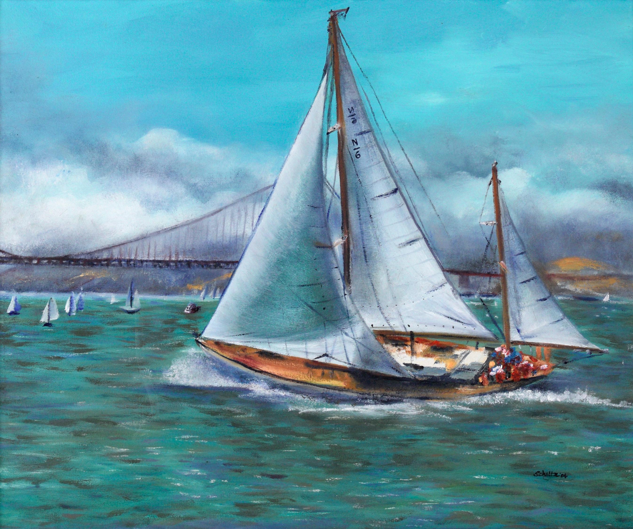 Sailing Regatta Under the Golden Gate Bridge - Seascape in Oil on Canvas - Painting by Unknown