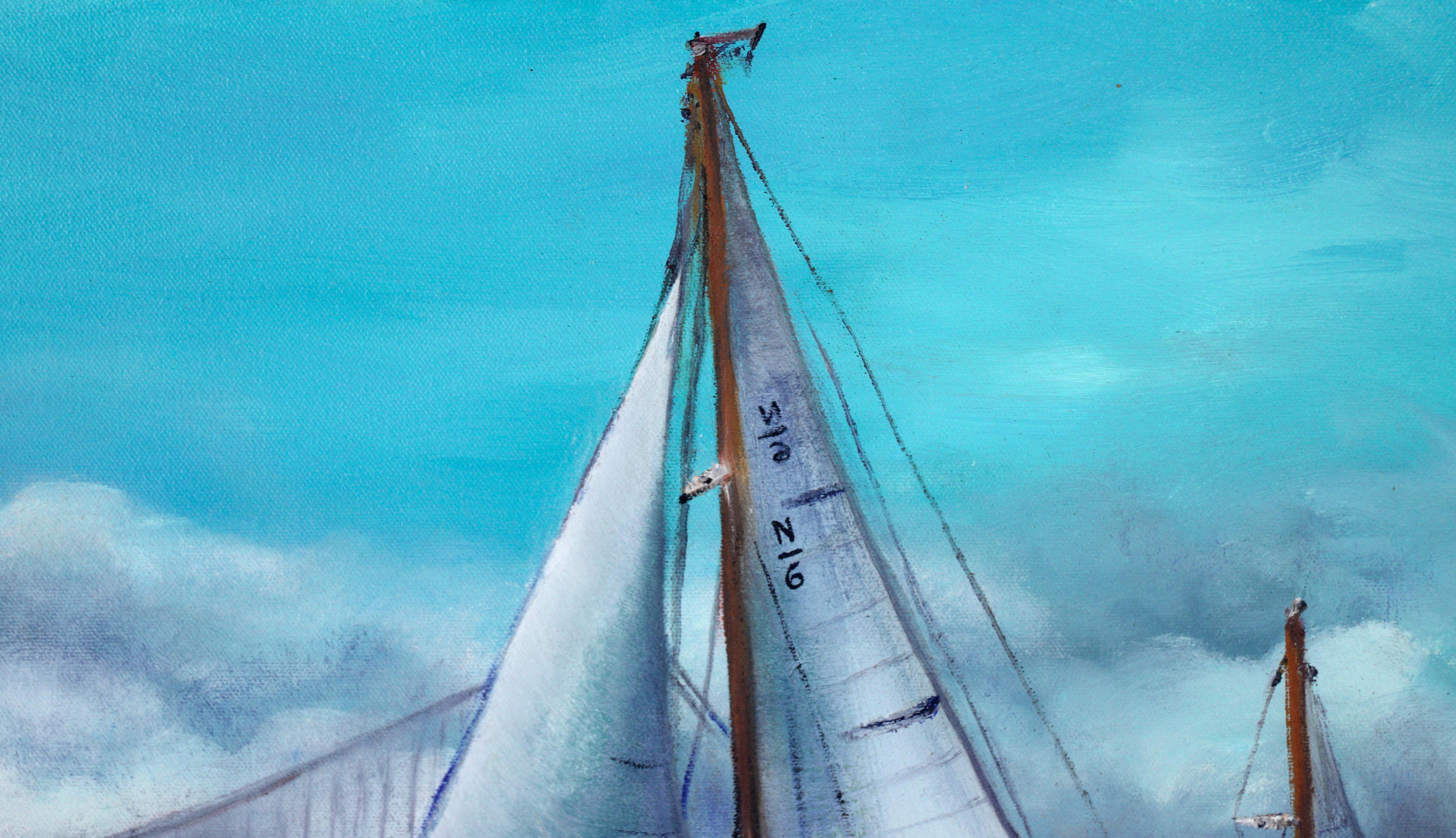 Sailing Regatta Under the Golden Gate Bridge - Seascape in Oil on Canvas - American Impressionist Painting by Unknown