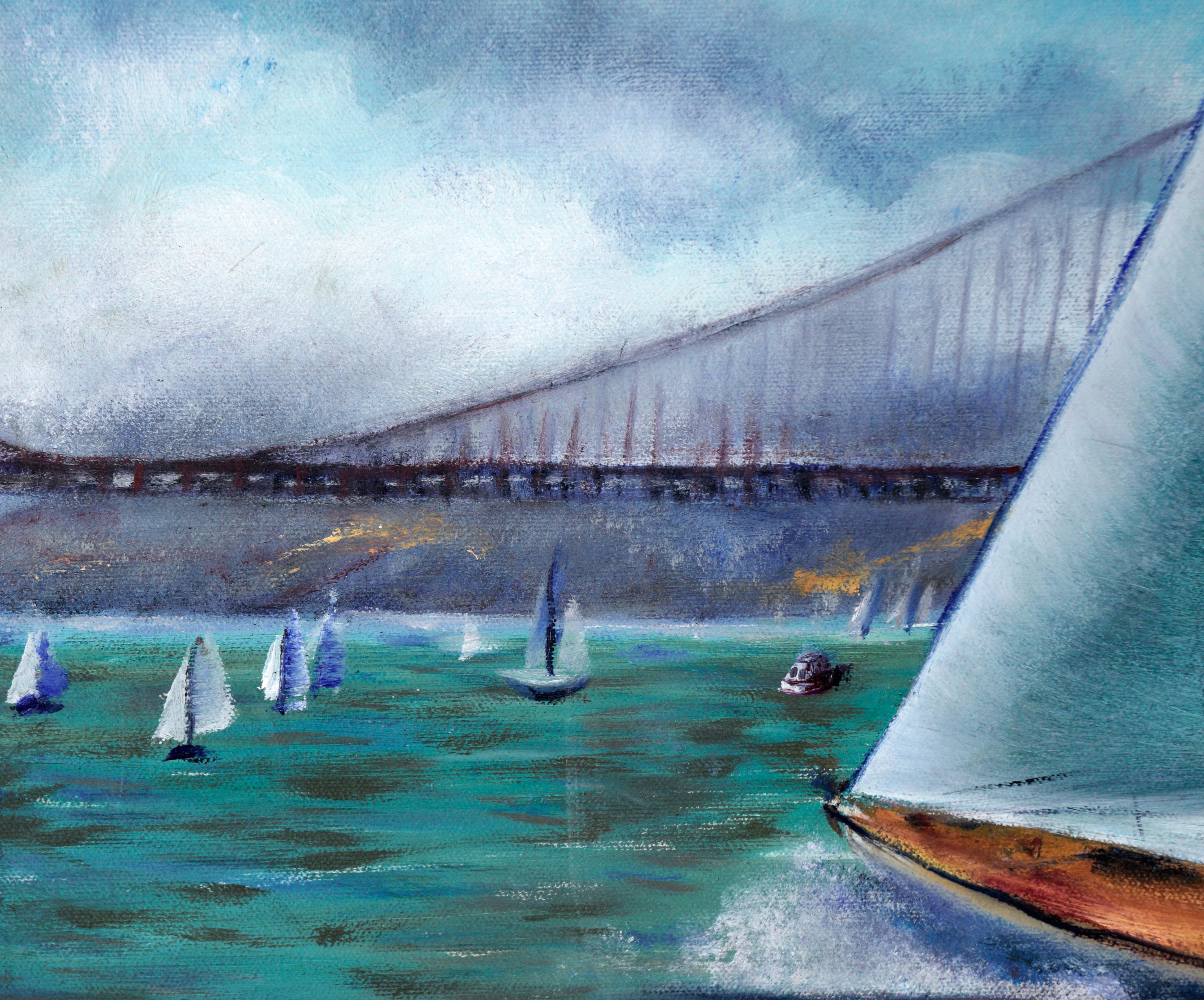 Sailing Regatta Under the Golden Gate Bridge - Seascape in Oil on Canvas

Colorful depiction of sailboats in San Francisco Bay by unknown artist 