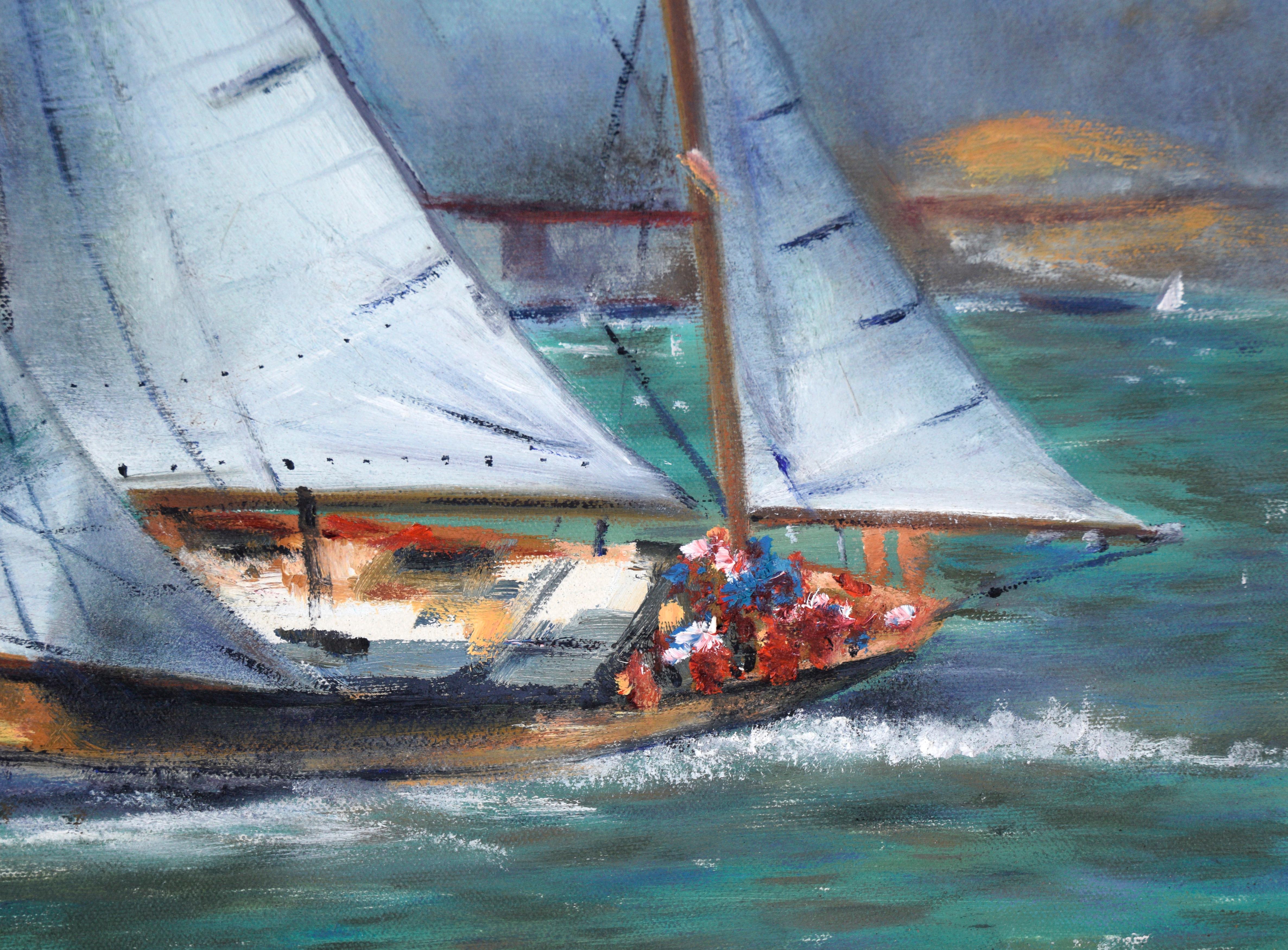 Regata de vela bajo el puente Golden Gate - Paisaje marino al óleo sobre lienzo

Colorida representación de veleros en la bahía de San Francisco por el artista desconocido 