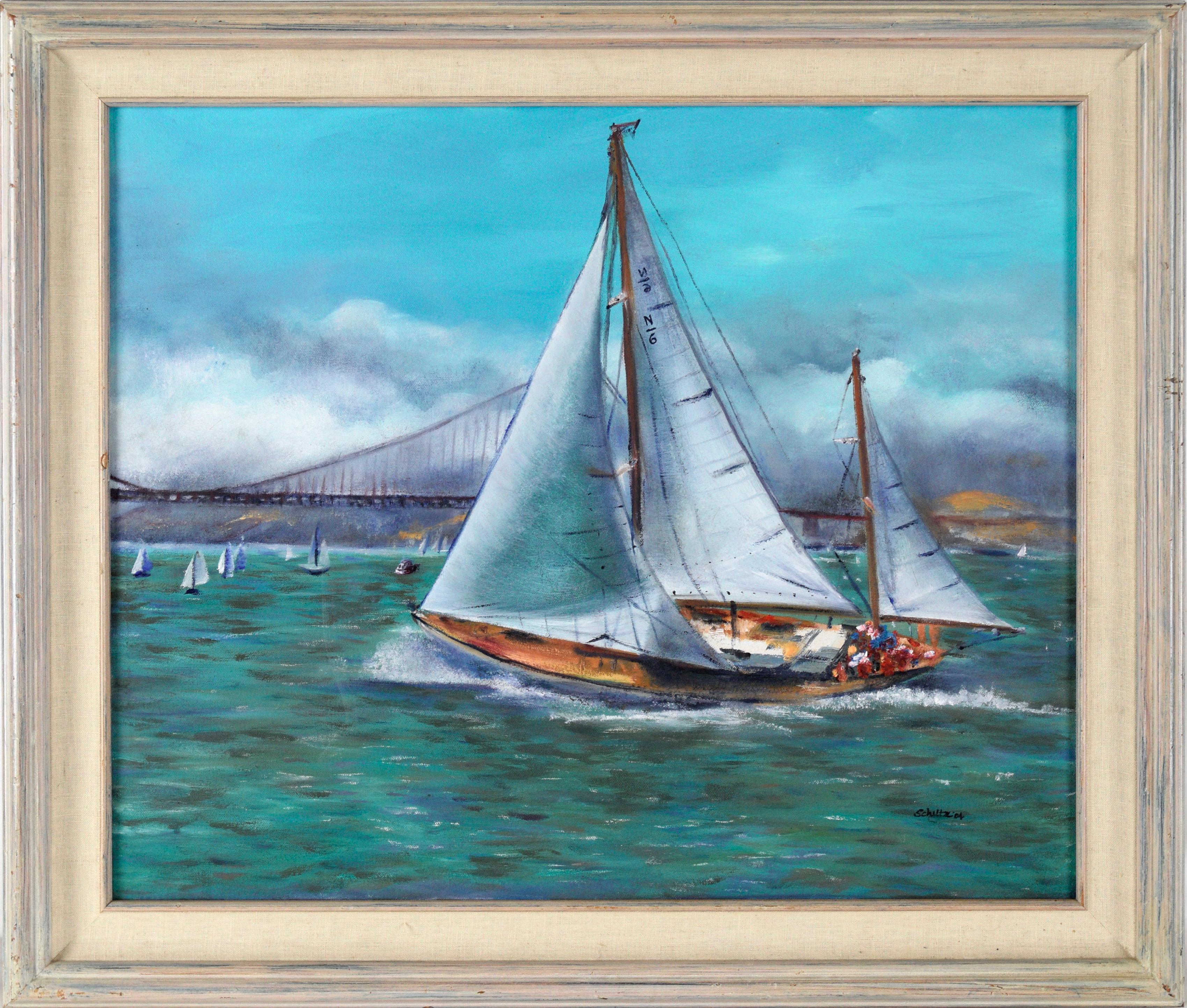 Unknown Figurative Painting - Sailing Regatta Under the Golden Gate Bridge - Seascape in Oil on Canvas