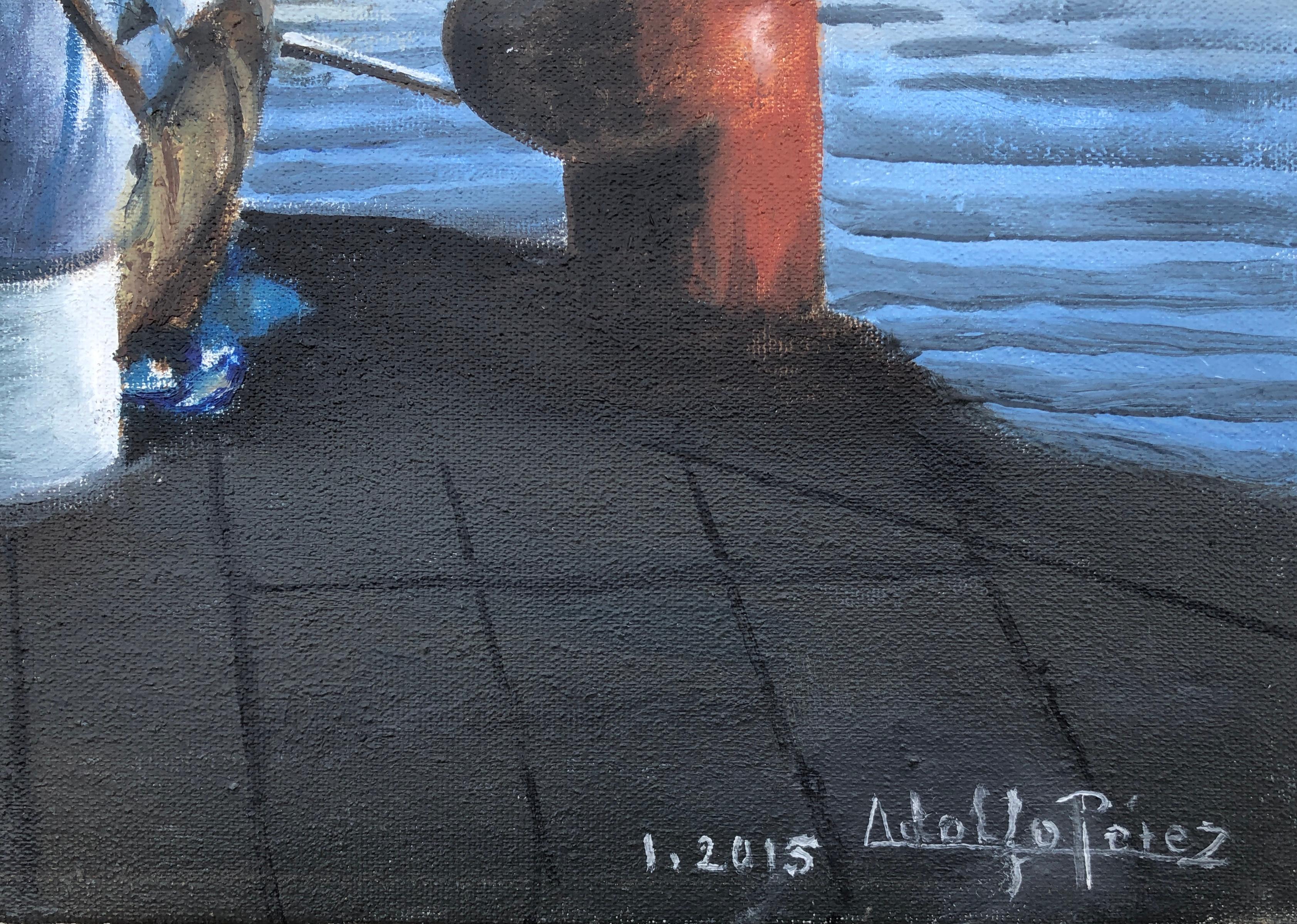 Sailor and sunset oil on canvas painting seascape boats - Painting by Unknown