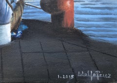 Sailor and sunset oil on canvas painting seascape boats