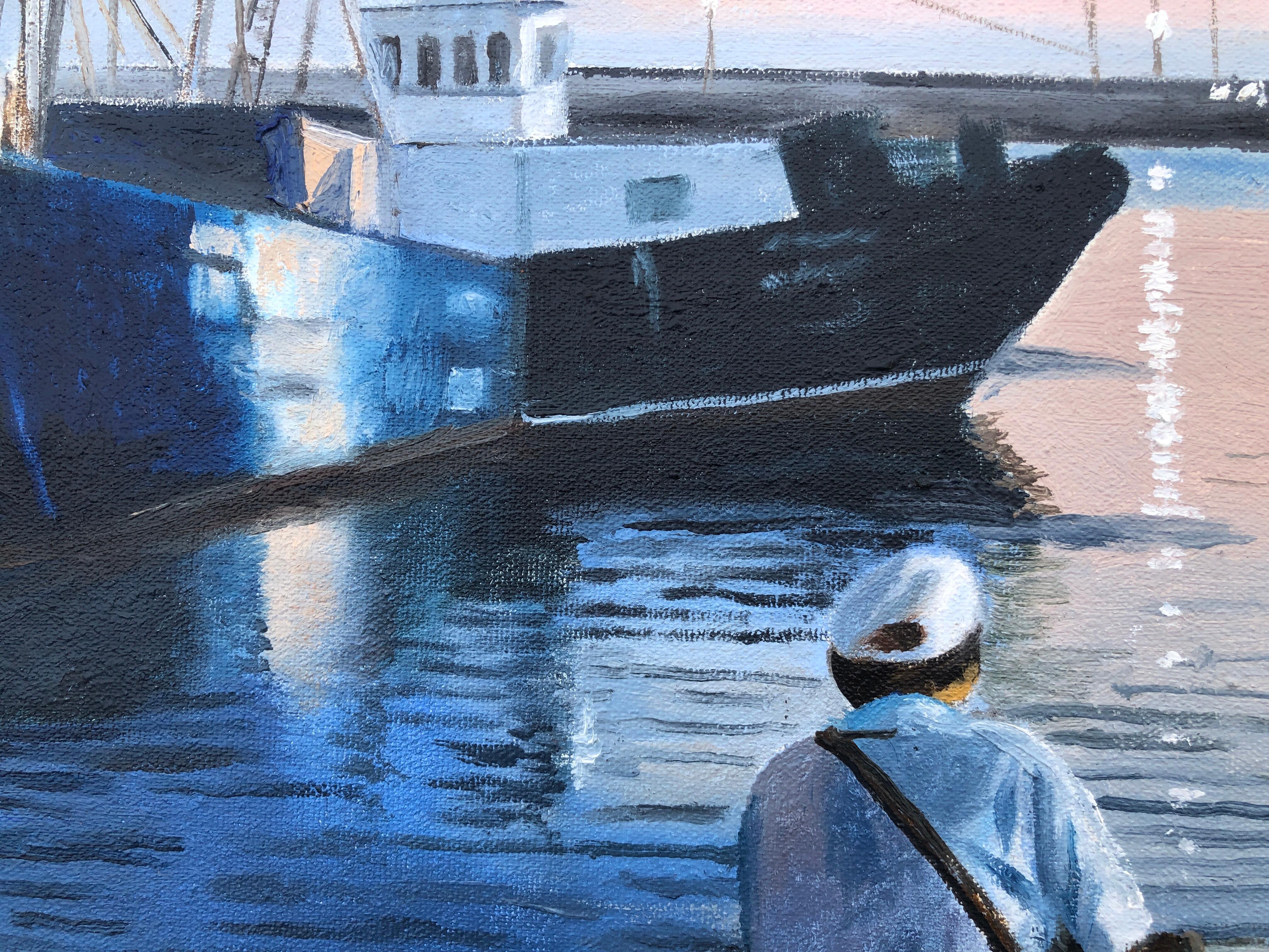 Sailor and sunset oil on canvas painting seascape boats - Photorealist Painting by Unknown