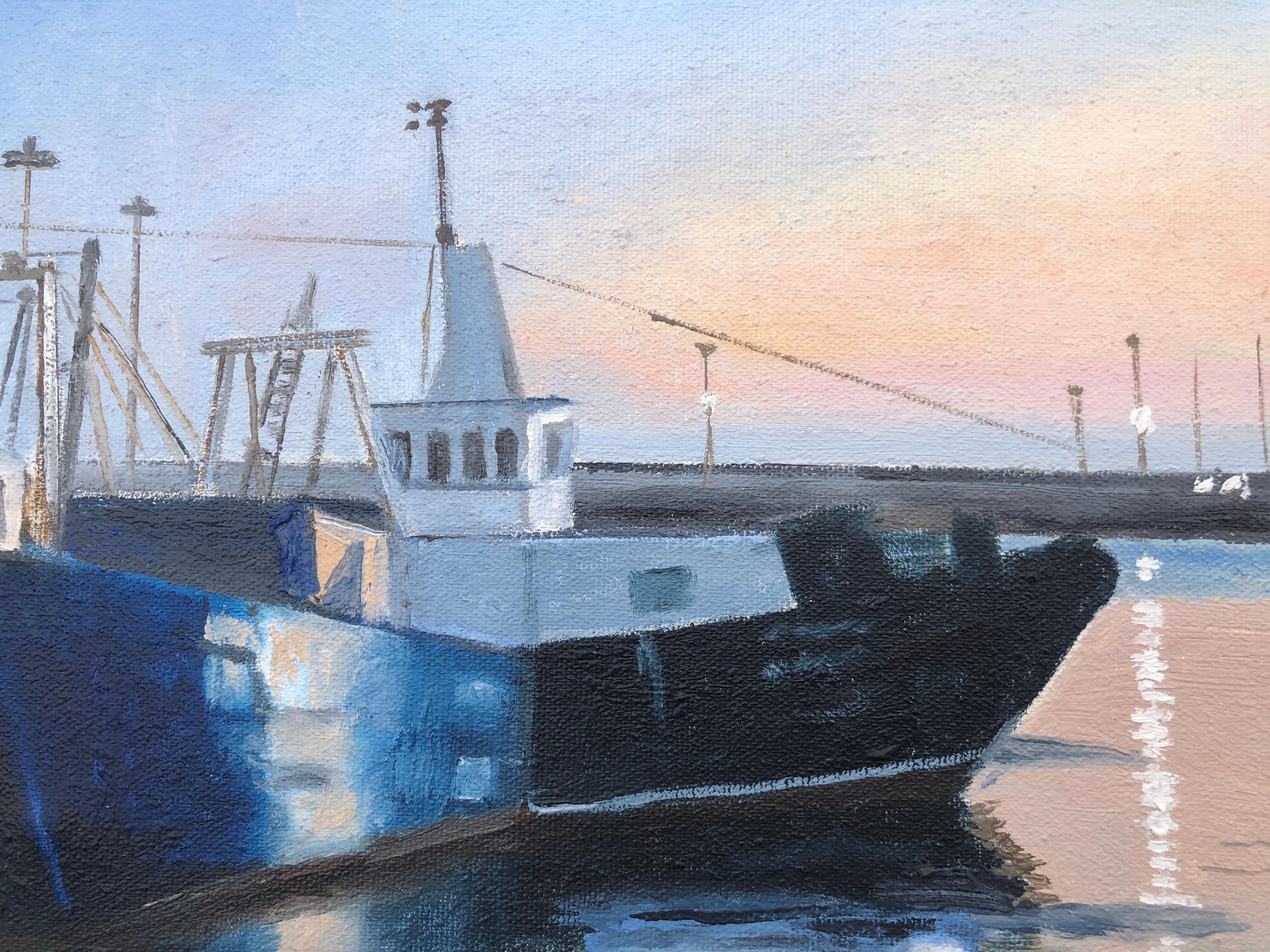 Sailor and sunset oil on canvas painting seascape boats - Purple Landscape Painting by Unknown
